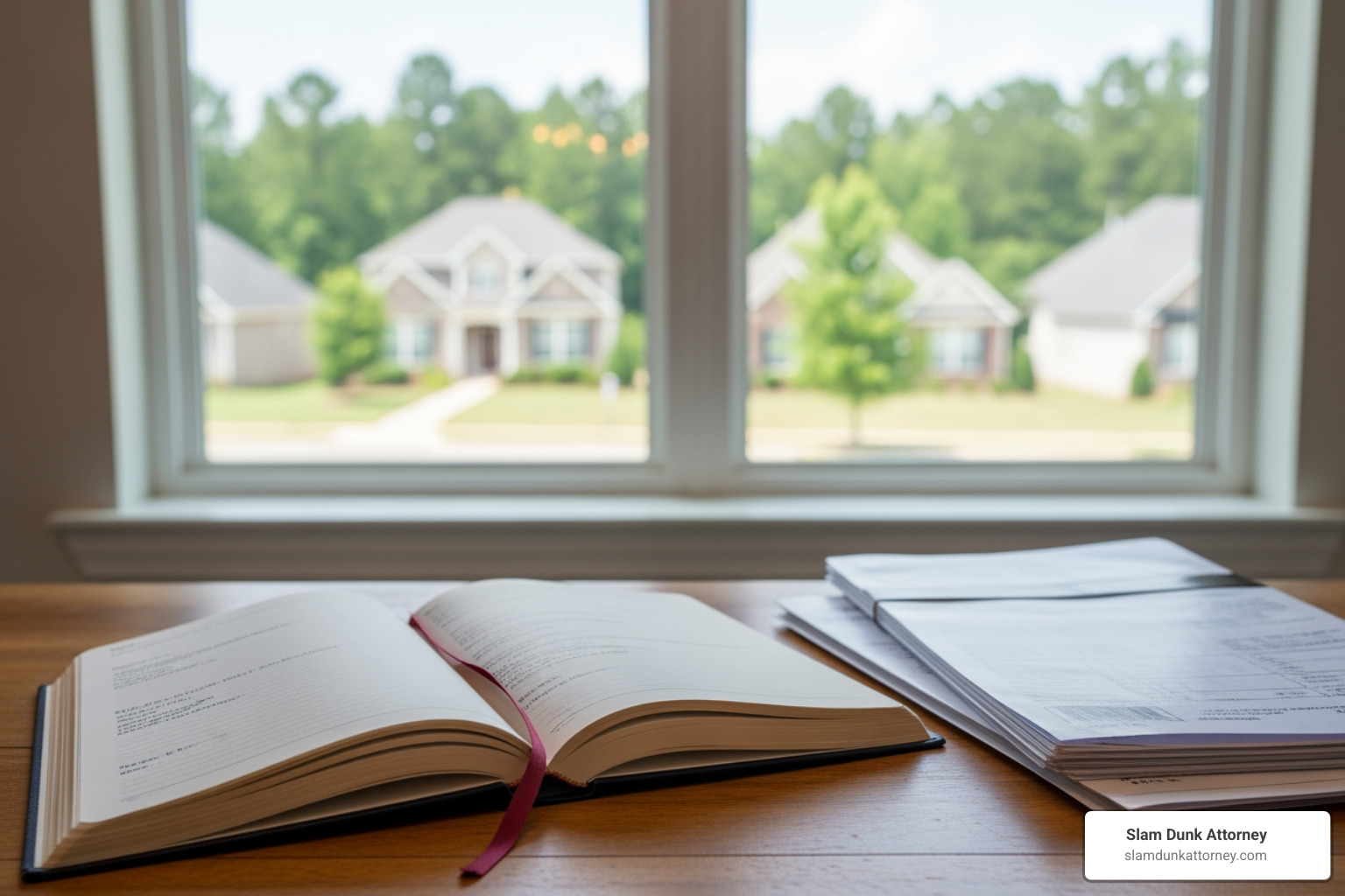 Image of a diary next to a stack of medical records on a kitchen table in a Duluth, Georgia home, with a view of a suburban neighborhood through the window - pain and suffering claims