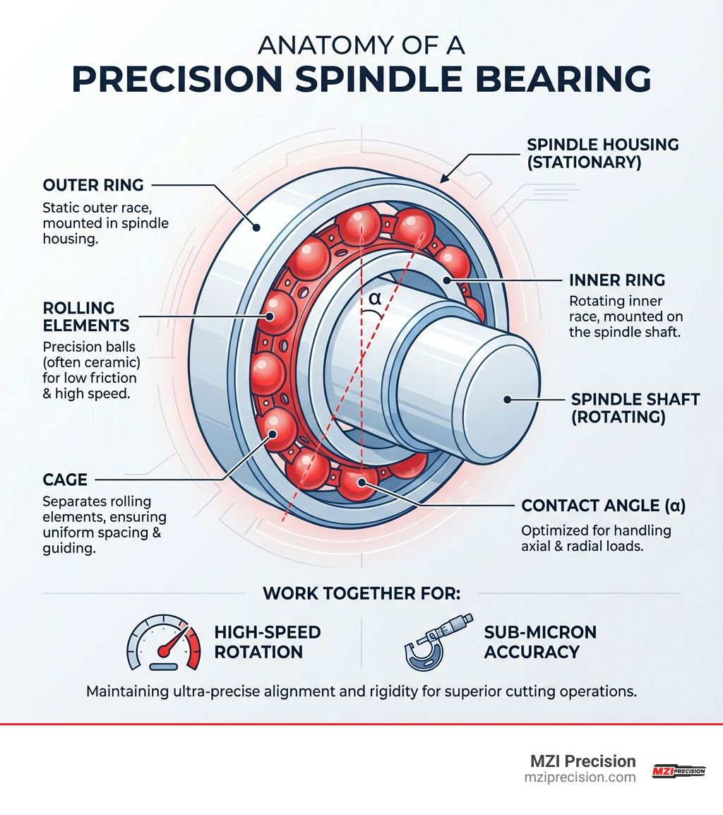 INFOGRAPHIC SHOWING THE ANATOMY OF A PRECISION SPINDLE BEARING ASSEMBLY IN A CNC MACHINE TOOL, WITH LABELS FOR INNER RING, OUTER RING, ROLLING ELEMENTS, CAGE, CONTACT ANGLE, AND HOW THESE COMPONENTS WORK TOGETHER TO SUPPORT HIGH-SPEED ROTATION WHILE MAINTAINING SUB-MICRON ACCURACY FOR PRECISION CUTTING OPERATIONS - PRECISION SPINDLE BEARINGS INFOGRAPHIC INFOGRAPHIC SHOWING THE ANATOMY OF A PRECISION SPINDLE BEARING ASSEMBLY IN A CNC MACHINE TOOL, WITH LABELS FOR INNER RING, OUTER RING, ROLLING ELEMENTS, CAGE, CONTACT ANGLE, AND HOW THESE COMPONENTS WORK TOGETHER TO SUPPORT HIGH-SPEED ROTATION WHILE MAINTAINING SUB-MICRON ACCURACY FOR PRECISION CUTTING OPERATIONS - PRECISION SPINDLE BEARINGS INFOGRAPHIC