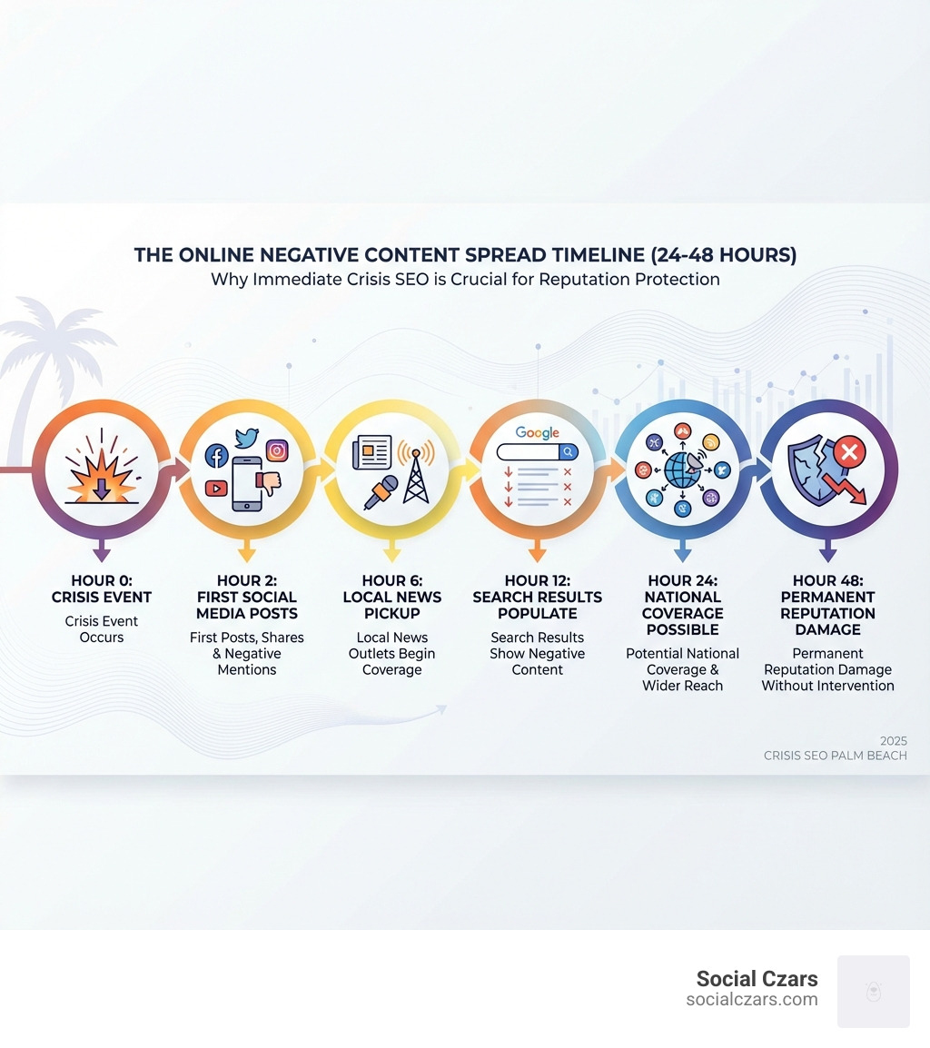 Infographic showing the 24-48 hour timeline of how negative content spreads online: Hour 0 - Crisis Event; Hour 2 - First Social Media Posts; Hour 6 - Local News Pickup; Hour 12 - Search Results Populate; Hour 24 - National Coverage Possible; Hour 48 - Permanent Reputation Damage Without Intervention - Crisis SEO Palm Beach infographic 