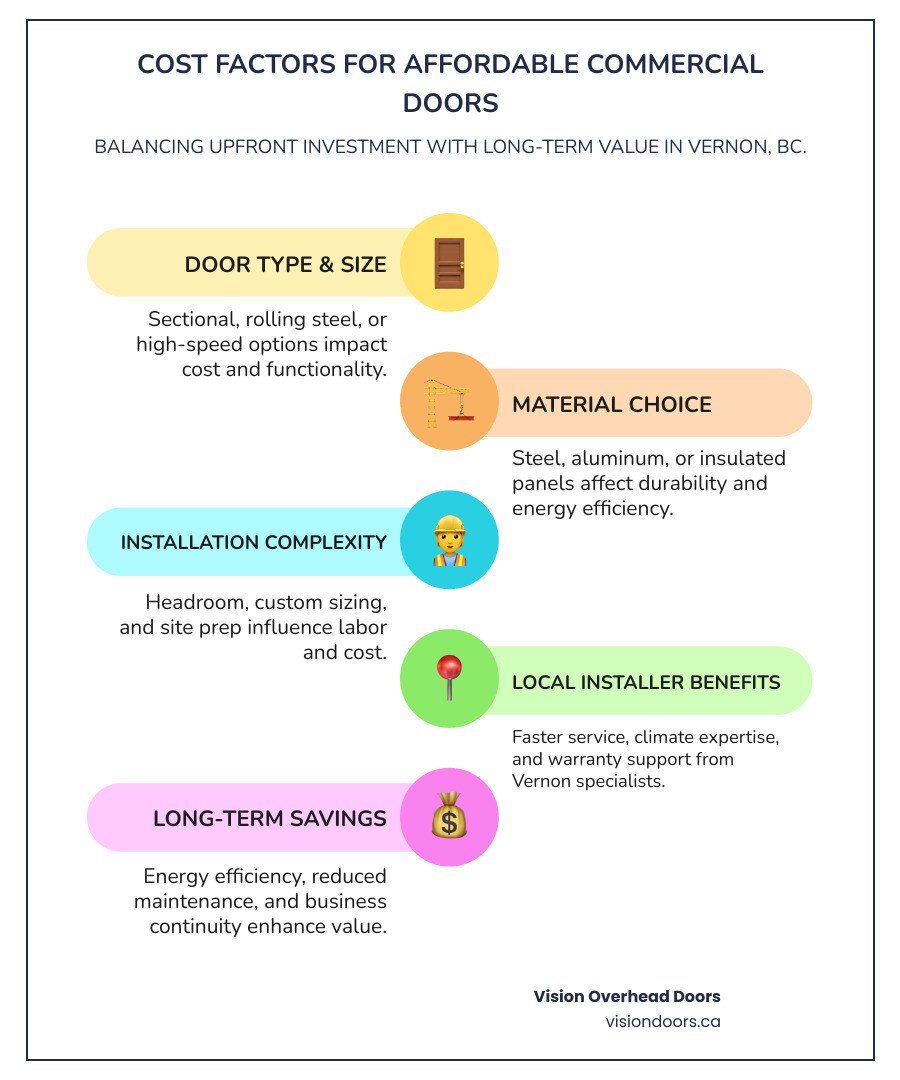 Infographic showing the cost factors for commercial overhead door installation: door type and size (sectional, rolling steel, high-speed), material choice (steel, aluminum, insulated panels), installation complexity (headroom, custom sizing, site preparation), local installer benefits (faster service, climate expertise, warranty support), and long-term savings (energy efficiency, reduced maintenance, business continuity) - affordable commercial overhead door installation in vernon, bc infographic infographic-line-5-steps-colors Cost factors for affordable commercial doors, emphasizing door type, material choice, installation complexity, local installer benefits, and long-term savings for businesses in Vernon, BC.