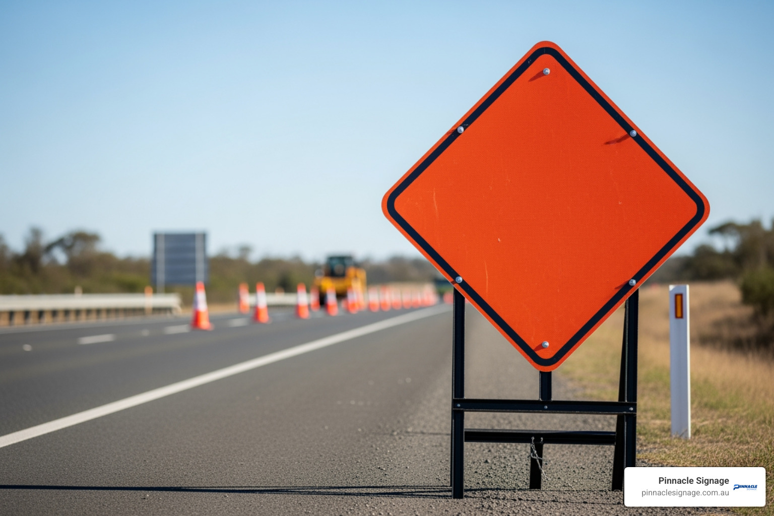 A blank orange diamond warning sign, one of the essential traffic signs for construction site safety.