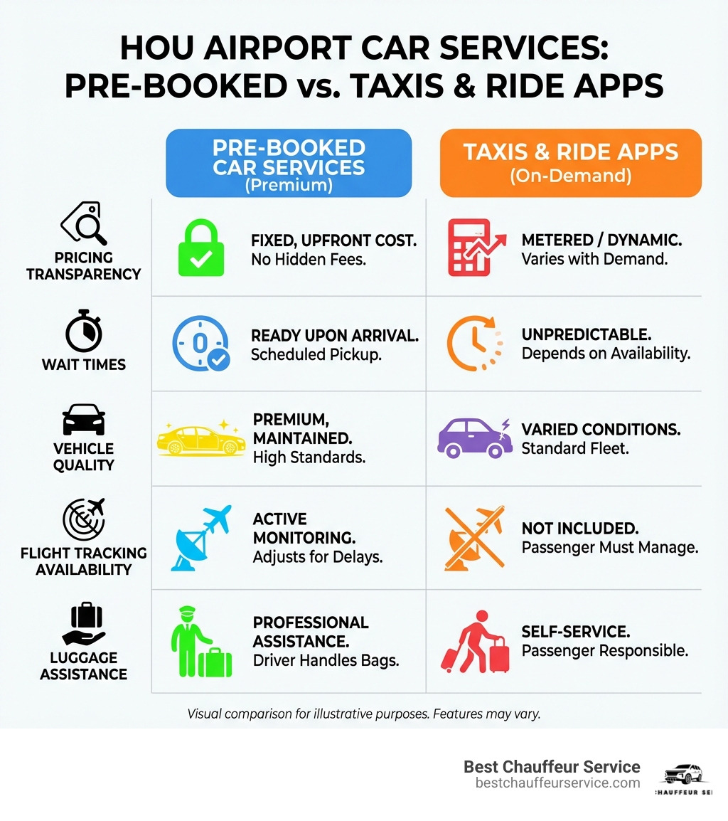 Infographic comparing Pre-Booked Car Services versus Taxis and Ride Apps at HOU Airport, showing differences in pricing transparency, wait times, vehicle quality, flight tracking availability, and luggage assistance - HOU airport car service infographic 