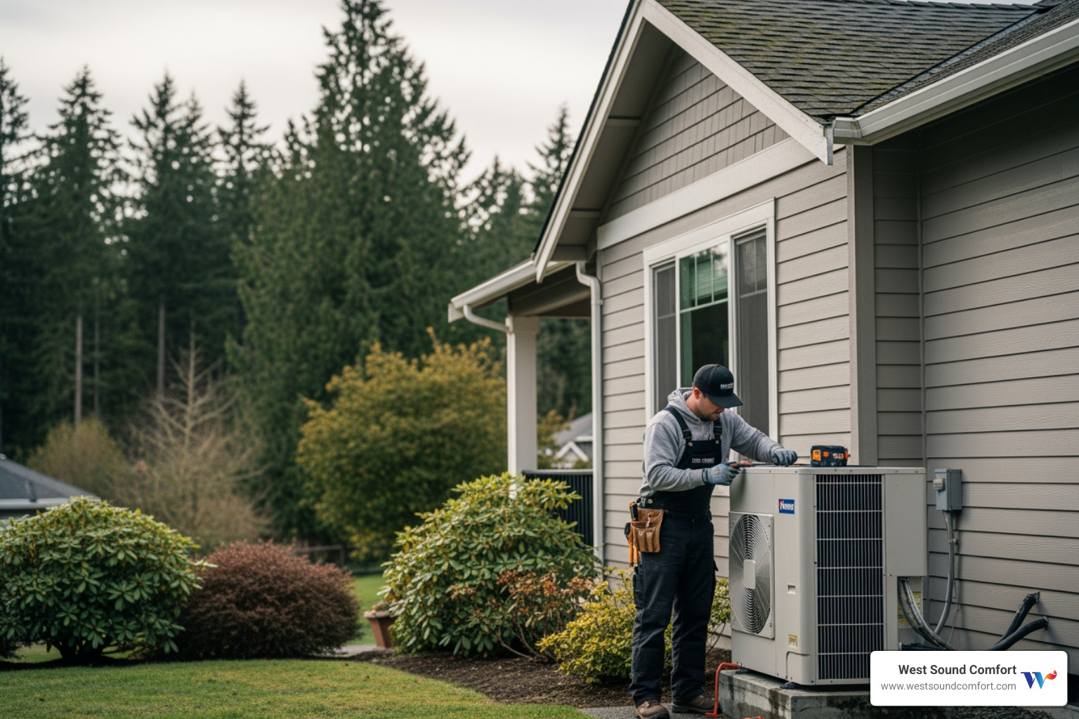 Infographic showing the heat pump cycle: outdoor unit extracts heat from air in winter and transfers it indoors via refrigerant lines to indoor air handler, then reverses in summer to remove indoor heat and release it outside, with labels for key components including compressor, coils, and refrigerant flow direction - heat pump repair company in poulsbo, wa Infographic showing the heat pump cycle: outdoor unit extracts heat from air in winter and transfers it indoors via refrigerant lines to indoor air handler, then reverses in summer to remove indoor heat and release it outside, with labels for key components including compressor, coils, and refrigerant flow direction - heat pump repair company in poulsbo, wa