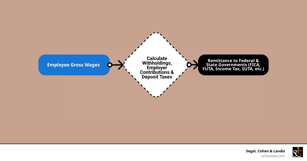 Infographic showing the flow of payroll tax liability from gross wages through withholding, employer contributions, deposit requirements, and government remittance to Social Security, Medicare, and federal programs - payroll tax liability infographic flowmap_simple