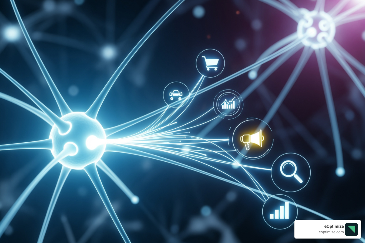 abstract neural network connecting to marketing icons - Digital marketing AI