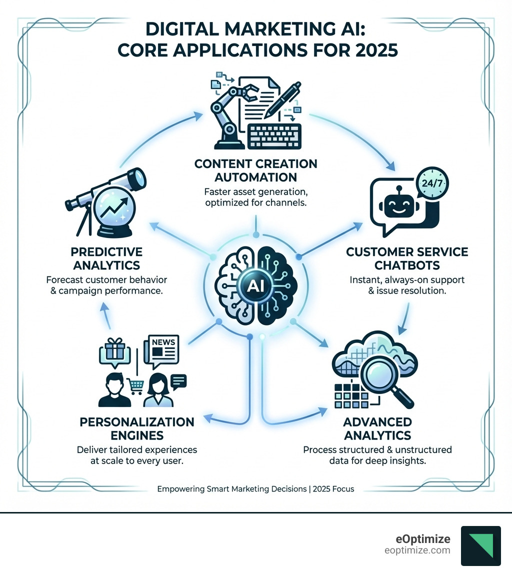 infographic showing the core applications of digital marketing AI including content creation automation, customer service chatbots providing 24/7 support, advanced analytics processing structured and unstructured data, personalization engines delivering tailored experiences at scale, and predictive analytics forecasting customer behavior and campaign performance - Digital marketing AI infographic 