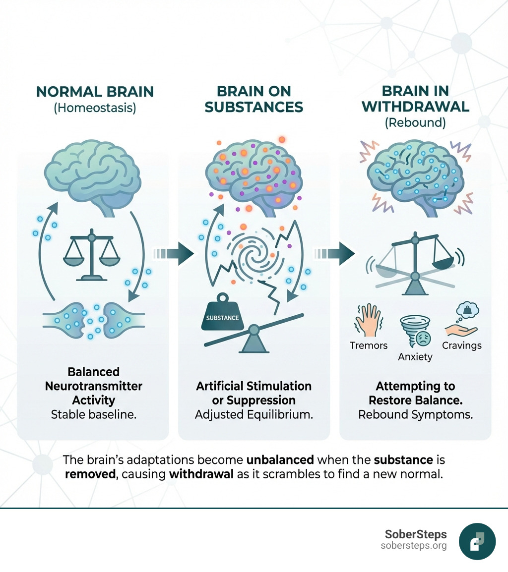 Infographic showing how substance use disrupts brain homeostasis: Normal brain shows balanced neurotransmitter activity; Brain on substances shows artificial stimulation or suppression; Brain in withdrawal shows rebound effect with symptoms like anxiety, tremors, and cravings as it attempts to restore balance - Drug Withdrawal infographic Infographic showing how substance use disrupts brain homeostasis: Normal brain shows balanced neurotransmitter activity; Brain on substances shows artificial stimulation or suppression; Brain in withdrawal shows rebound effect with symptoms like anxiety, tremors, and cravings as it attempts to restore balance - Drug Withdrawal infographic