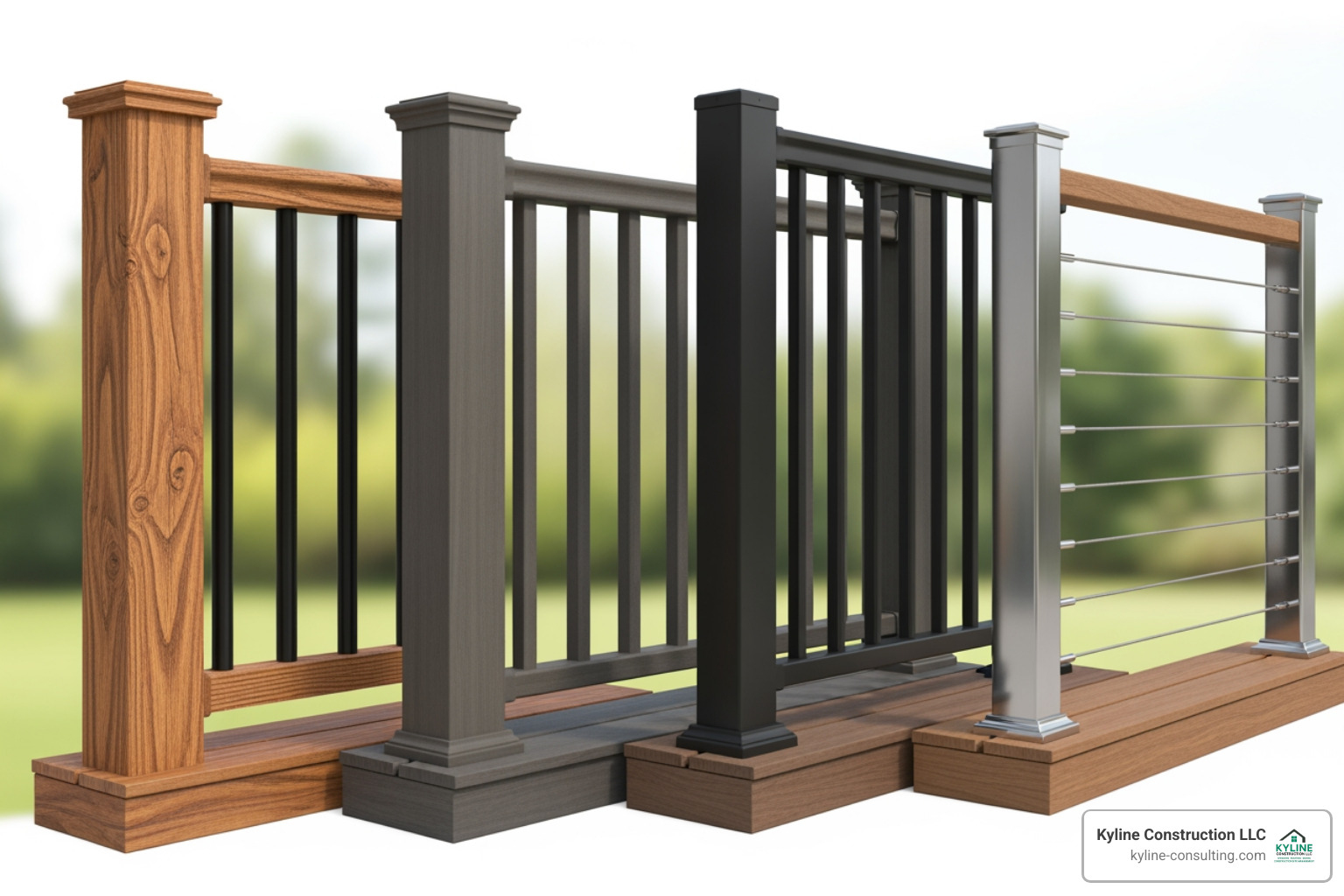 various deck railing material samples (wood, composite, aluminum, cable) - deck railing installation