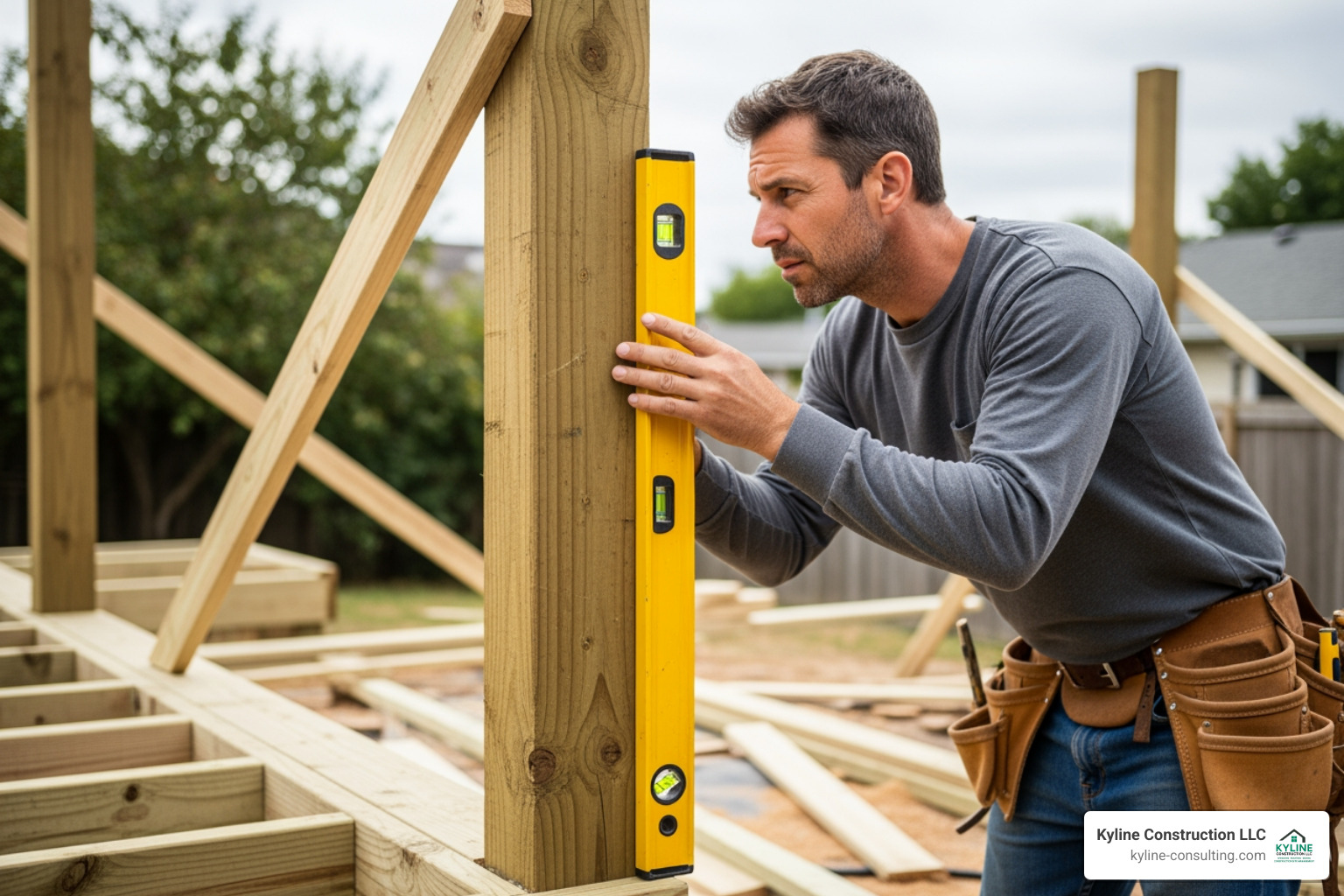 carpenter using a level to ensure a deck post is perfectly plumb - deck railing installation