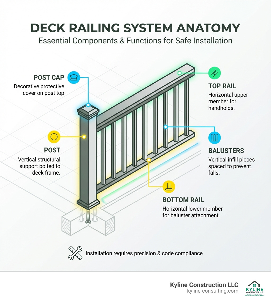 Infographic showing the anatomy of a deck railing system: labeled diagram with post (vertical structural support bolted to deck frame), top rail (horizontal upper member for handholds), bottom rail (horizontal lower member for baluster attachment), balusters (vertical infill pieces spaced to prevent falls), and post cap (decorative protective cover on post top) - deck railing installation infographic 