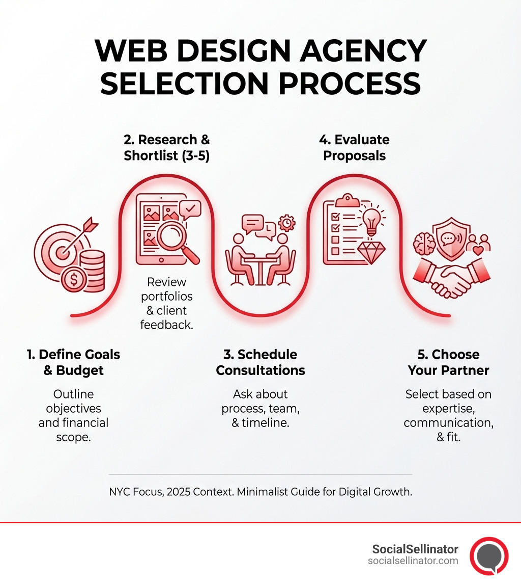 Infographic showing the web design agency selection process: 1. Define your goals and budget, 2. Research and shortlist 3-5 agencies by reviewing portfolios and client testimonials, 3. Schedule consultations asking about process, team expertise, and timeline, 4. Evaluate proposals for clarity, strategic input, and value, 5. Choose based on expertise, communication style, and cultural fit - web design agencies nyc infographic 