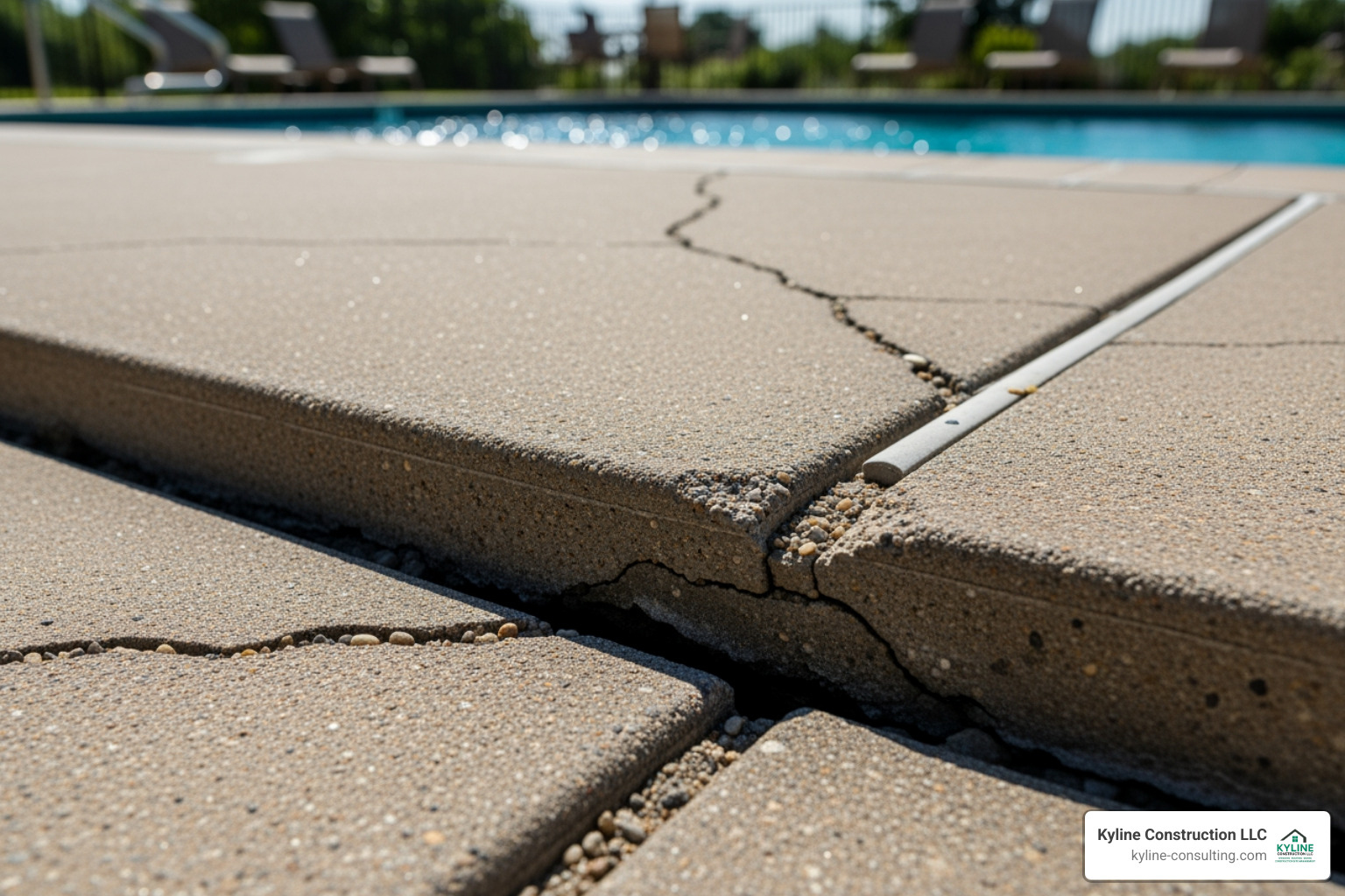 Cracked and uneven concrete pool deck slab, highlighting a tripping hazard - concrete pool deck restoration