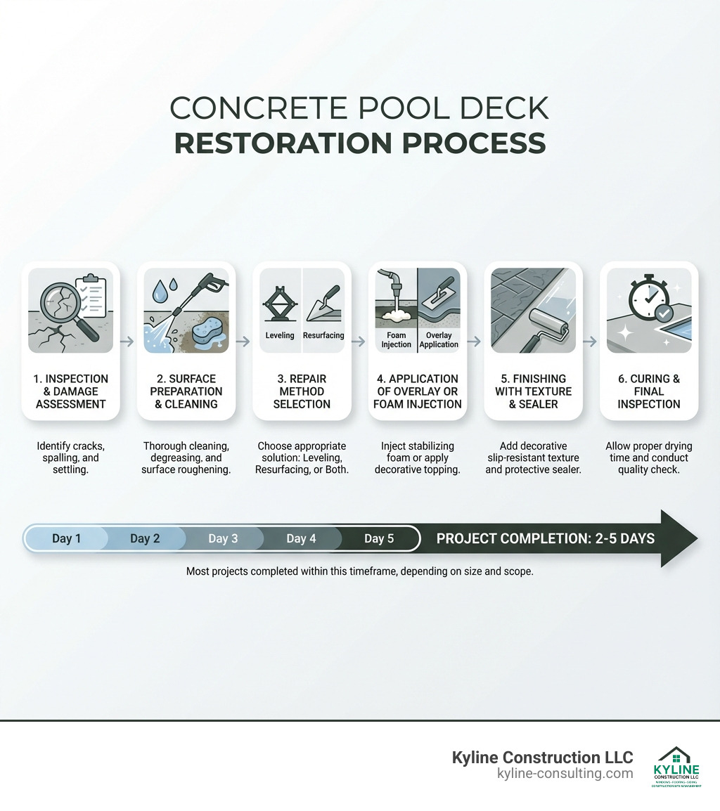 Infographic showing the concrete pool deck restoration process: 1. Inspection and damage assessment, 2. Surface preparation and cleaning, 3. Repair method selection (leveling, resurfacing, or both), 4. Application of overlay or foam injection, 5. Finishing with texture and sealer, 6. Curing and final inspection. Timeline shows most projects complete in 2-5 days. - concrete pool deck restoration infographic 