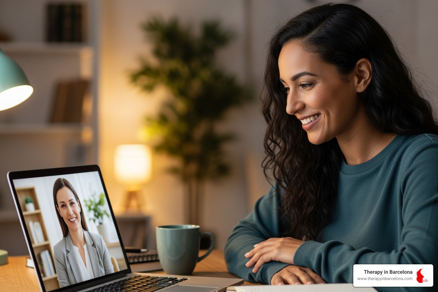 A diverse woman smiling, looking at her laptop screen, engaged in a virtual therapy session with a warm, professional therapist - counseling couples near me A diverse woman smiling, looking at her laptop screen, engaged in a virtual therapy session with a warm, professional therapist - counseling couples near me