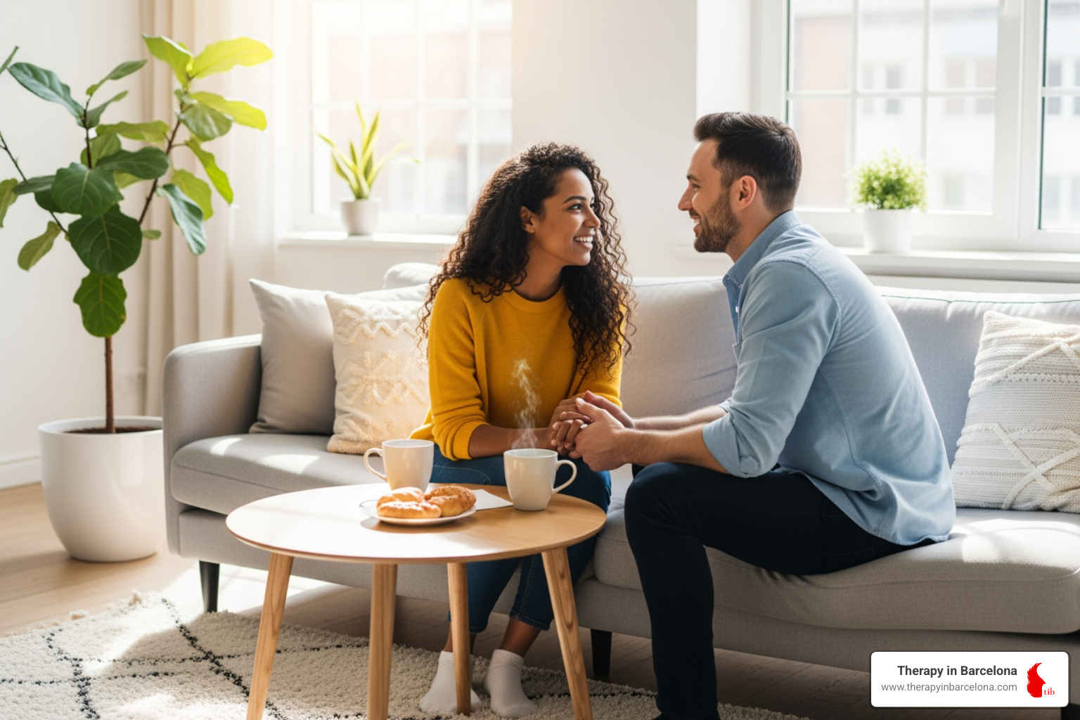 A couple sitting on a sofa, smiling and holding hands, engaged in a positive, connected conversation over coffee in a bright, modern living room. - counseling couples near me A couple sitting on a sofa, smiling and holding hands, engaged in a positive, connected conversation over coffee in a bright, modern living room. - counseling couples near me