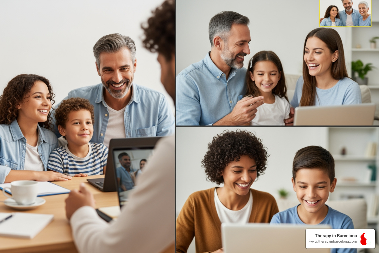 An expat family having a warm and engaging online therapy session, with family members potentially in different locations, highlighting the flexibility of international family therapy - International family therapy
