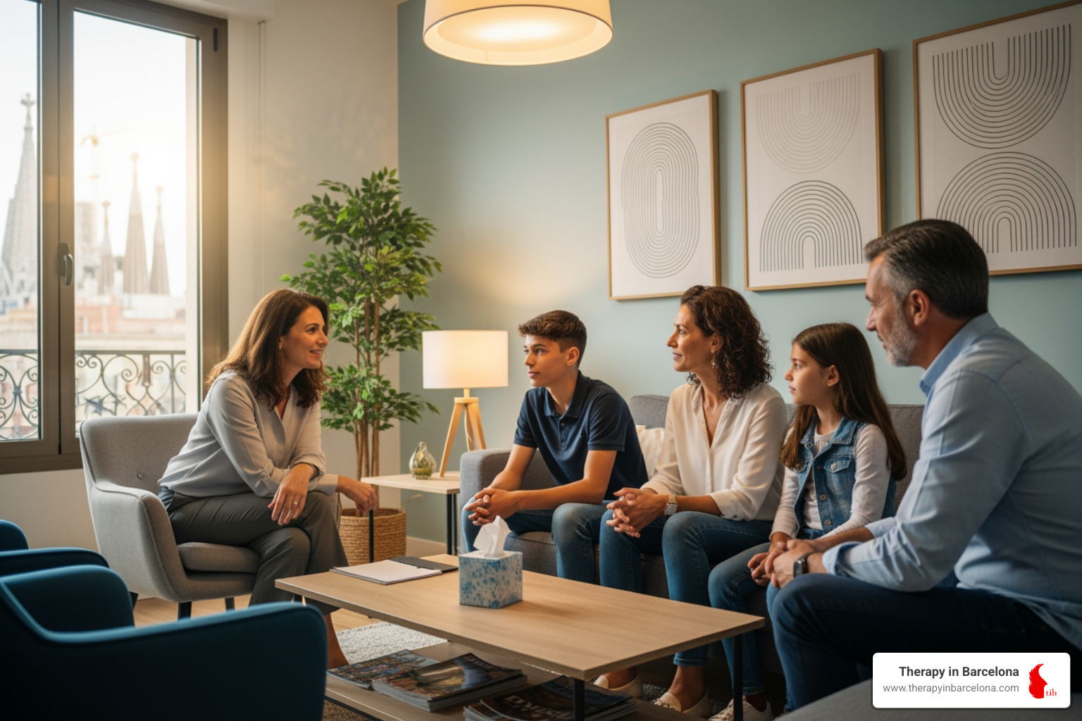 A family therapist in Barcelona carefully listening to a diverse family, showing empathy and cultural understanding - International family therapy