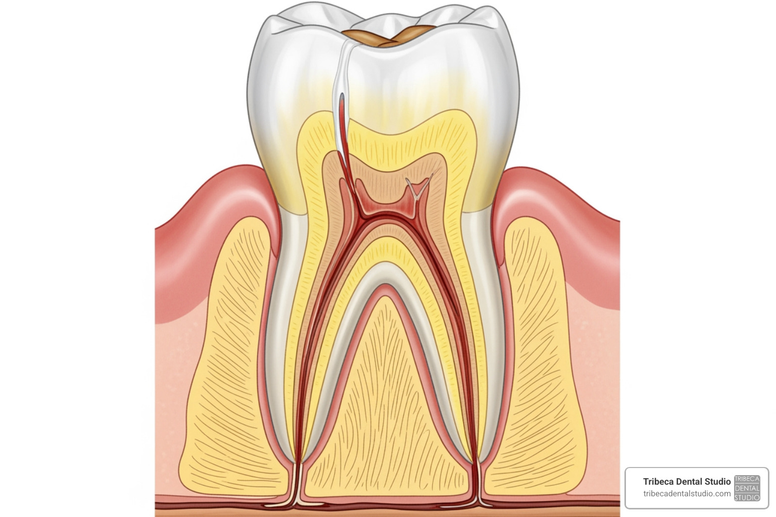 Diagram showing how thin enamel reveals yellow dentin, with a cross-section of a tooth highlighting the translucent enamel layer and the yellowish dentin beneath. - natural yellow teeth