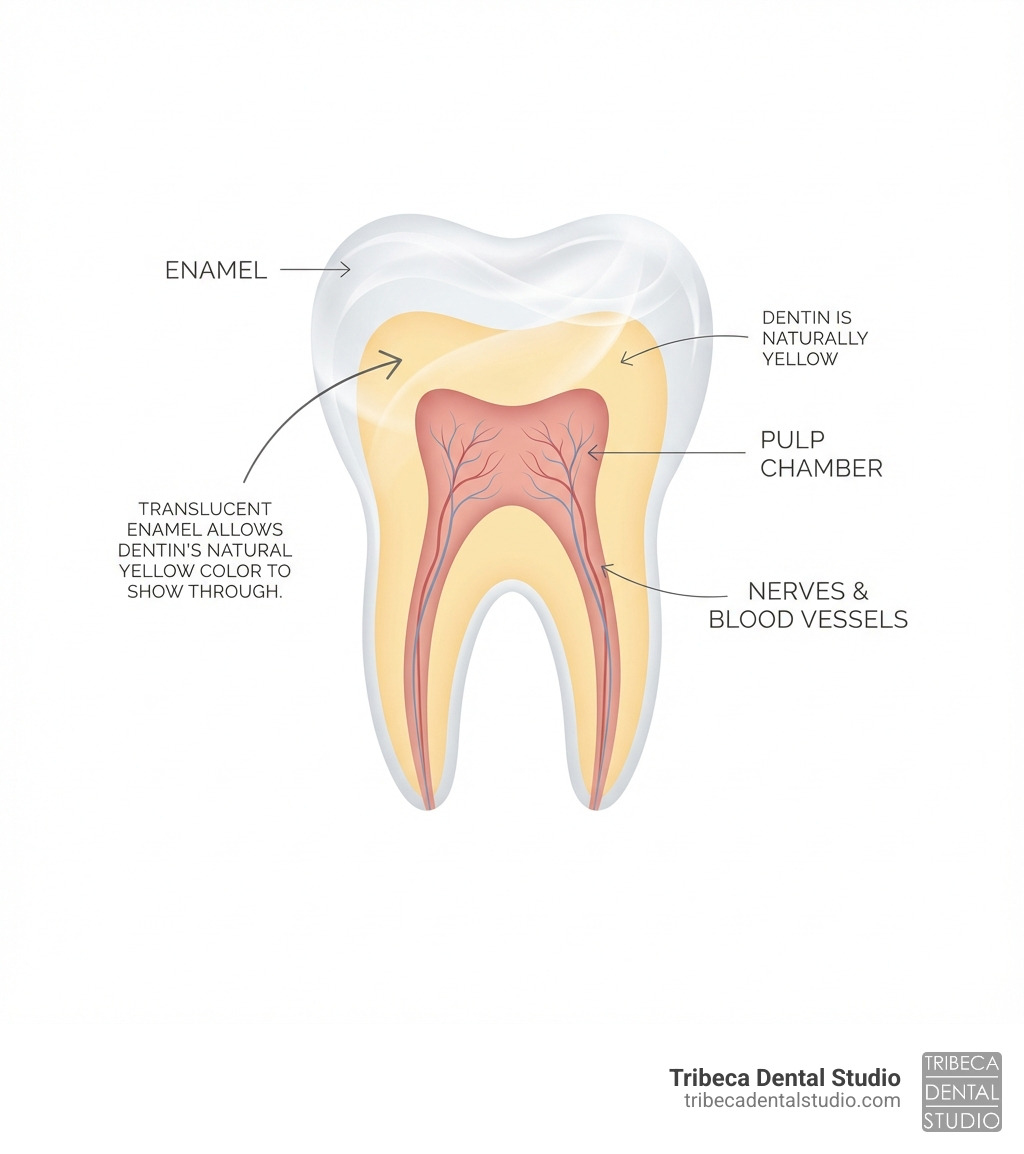 Infographic showing the three layers of a tooth: the outermost translucent white enamel layer, the middle naturally yellow dentin layer, and the innermost pulp chamber containing nerves and blood vessels, with labels explaining how enamel translucency allows dentin color to show through - natural yellow teeth infographic 