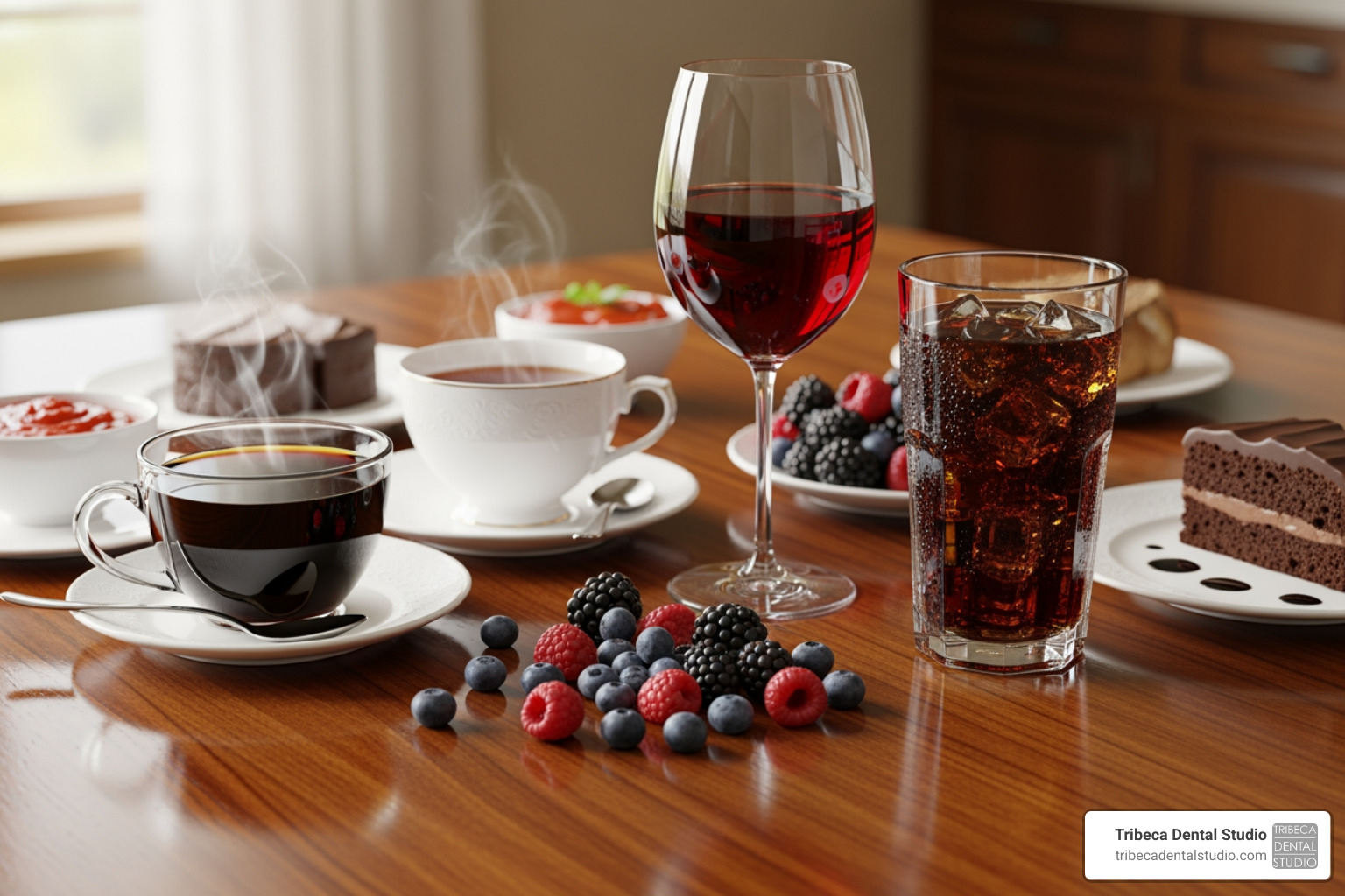 Image of common staining foods and drinks like coffee, tea, and red wine - natural yellow teeth