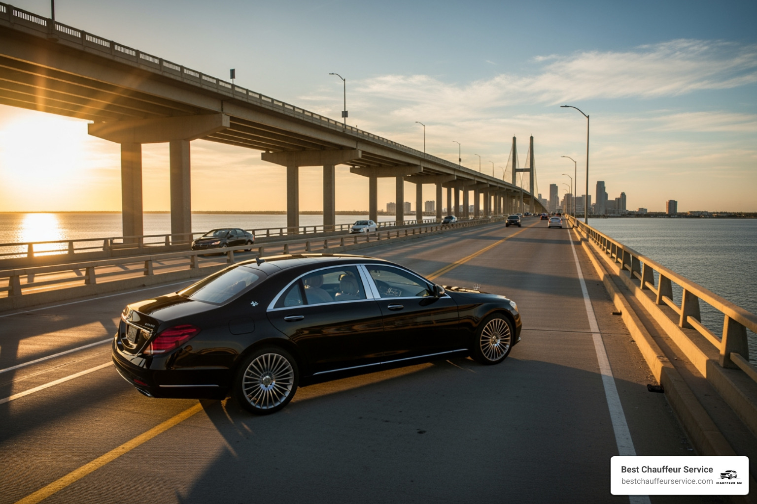a luxury vehicle crossing the Galveston Causeway bridge - Galveston day trip