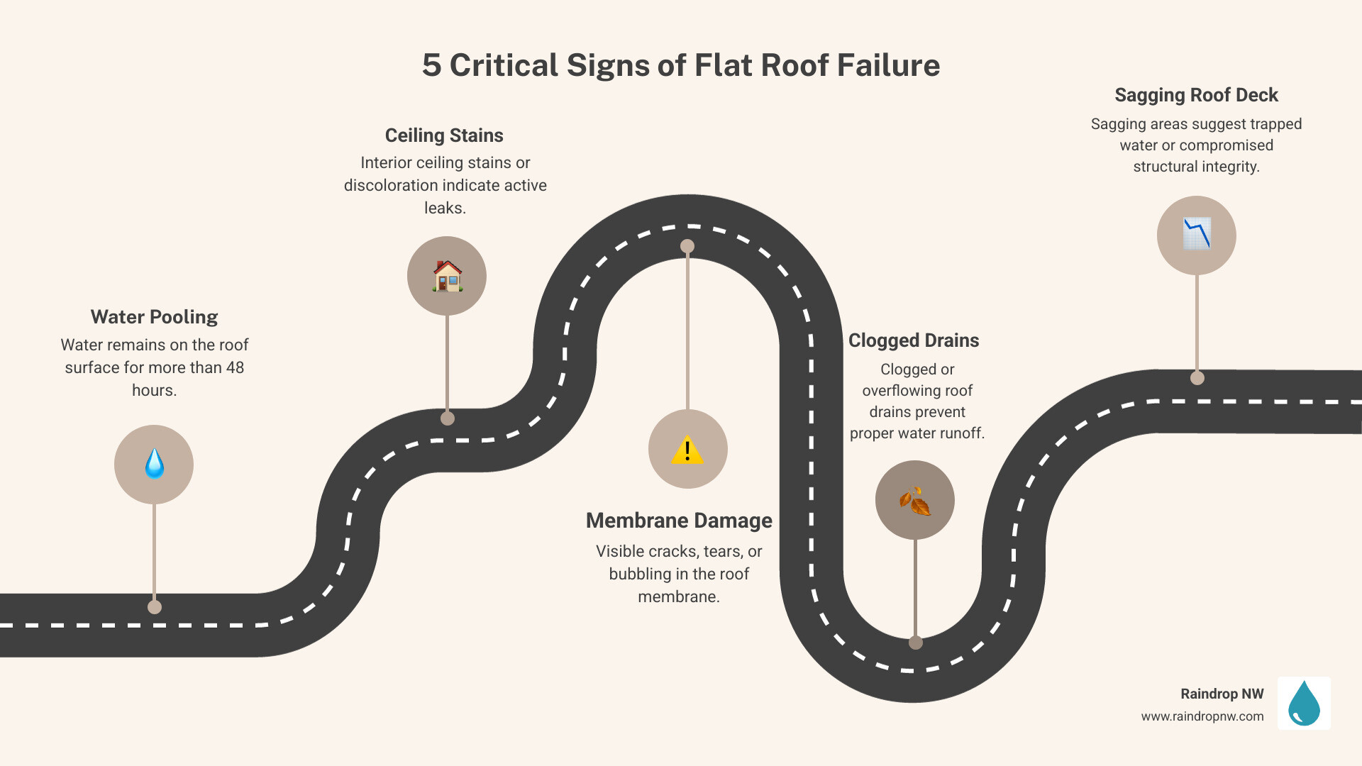 Infographic showing 5 critical signs of flat roof failure: 1) Water pooling that doesn't drain within 48 hours, 2) Interior ceiling stains or discoloration, 3) Visible cracks or bubbling in the roof membrane, 4) Clogged or overflowing roof drains, and 5) Sagging areas on the roof deck indicating trapped water or structural weakness - emergency flat decks in portland, or infographic roadmap-5-steps Infographic showing 5 critical signs of flat roof failure: 1) Water pooling that doesn't drain within 48 hours, 2) Interior ceiling stains or discoloration, 3) Visible cracks or bubbling in the roof membrane, 4) Clogged or overflowing roof drains, and 5) Sagging areas on the roof deck indicating trapped water or structural weakness - emergency flat decks in portland, or infographic roadmap-5-steps