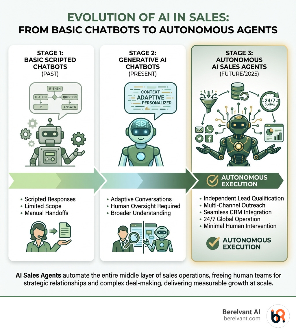 Infographic showing the evolution from basic chatbots to autonomous AI sales agents: Stage 1 shows scripted chatbots with limited responses and manual handoffs; Stage 2 shows generative AI chatbots with adaptive conversations but still requiring human oversight; Stage 3 shows autonomous AI sales agents that independently qualify leads, manage pipelines, execute multi-channel outreach, integrate with CRM systems, provide real-time coaching, and operate 24/7 across multiple languages and regions with minimal human intervention - ai sales agent infographic 