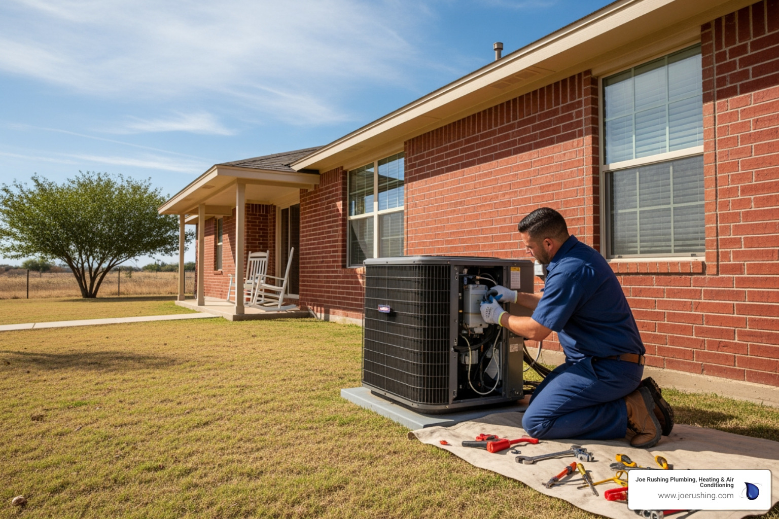 Infographic showing how Lubbock's extreme heat over 95°F, frequent dust storms, and intense UV exposure cause AC system strain through clogged filters, refrigerant stress, and outdoor component wear, requiring regular maintenance and expert repair services - air conditioning repair company in lubbock, tx