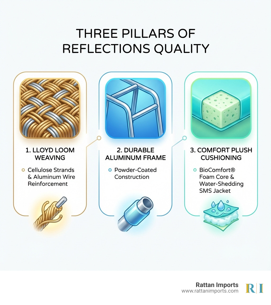Infographic showing the three pillars of Reflections quality: Lloyd Loom weaving technique with cellulose strands and aluminum wire reinforcement, durable powder-coated aluminum frame construction, and Comfort Plush cushioning system with BioComfort Foam Core wrapped in water-shedding SMS jacket - lloyd flanders reflections ottoman infographic 