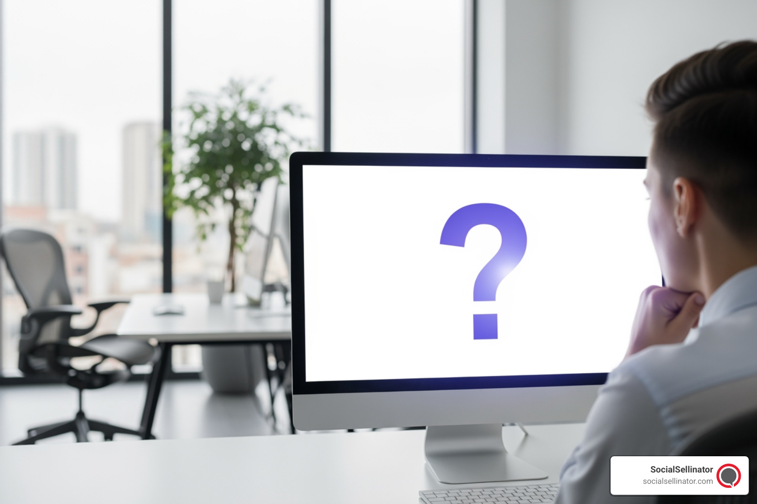 A person looking thoughtfully at a large question mark displayed on a computer screen, symbolizing common inquiries and the search for answers in business and branding. - branding agency near me