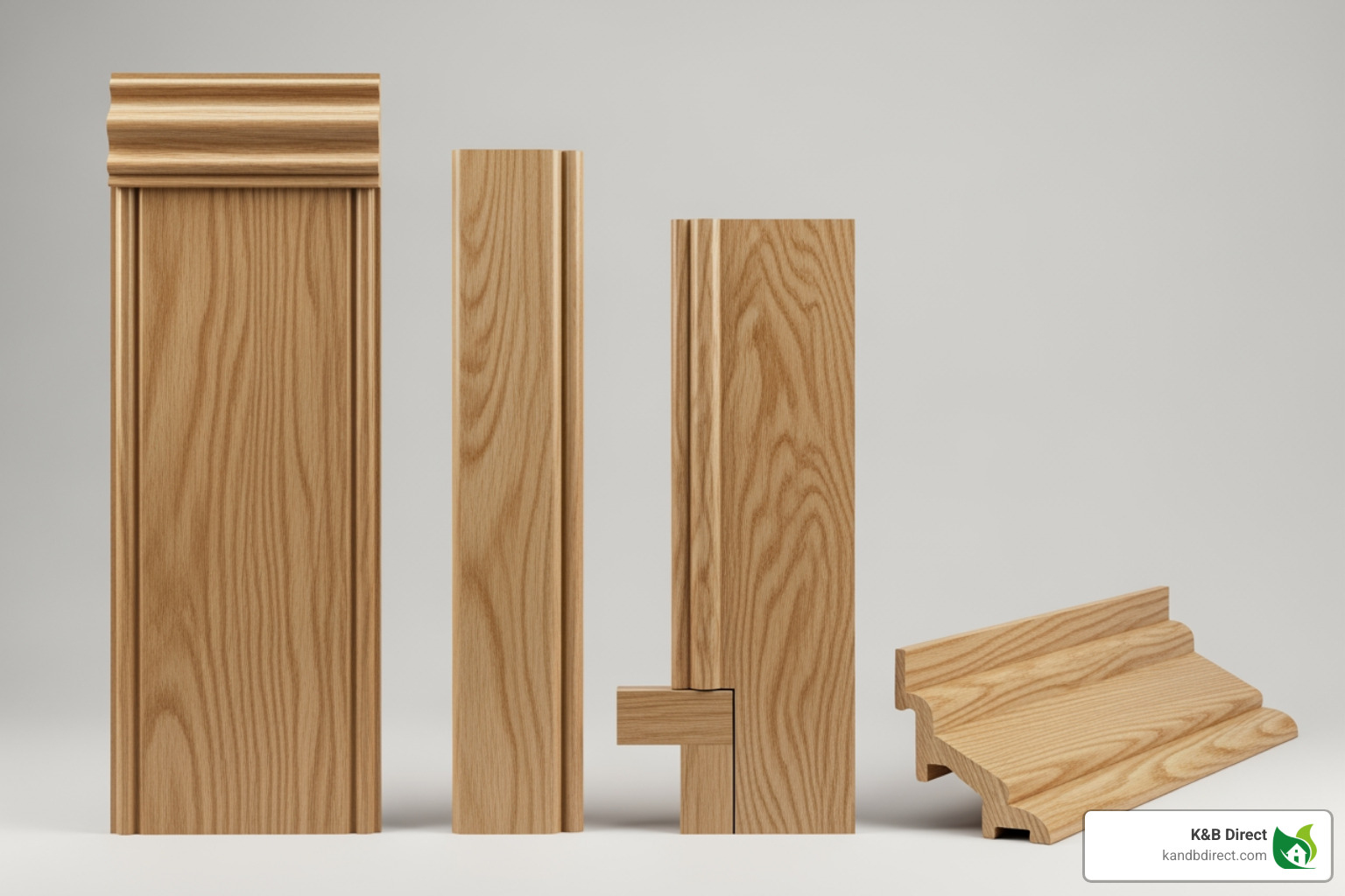 various floor trim profiles lined up, including baseboard, quarter round, T-molding, and a reducer - Floorboards Trim various floor trim profiles lined up, including baseboard, quarter round, T-molding, and a reducer - Floorboards Trim