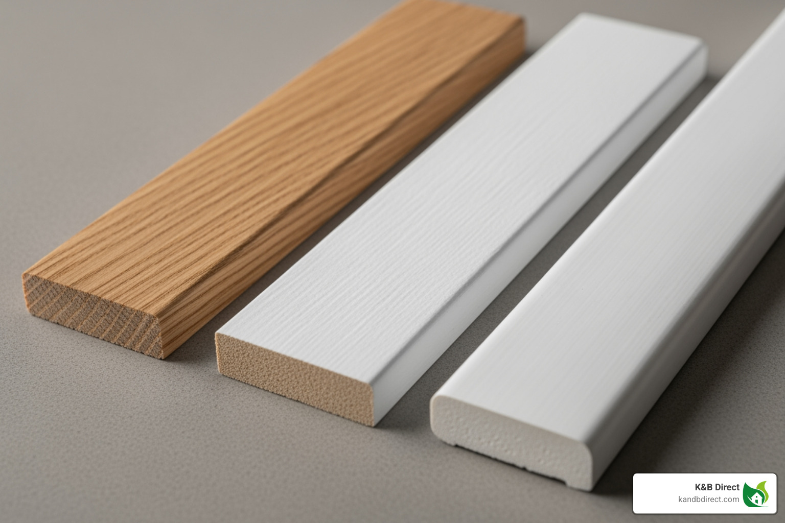 trim samples in different materials like natural wood, primed MDF, and white PVC - Floorboards Trim trim samples in different materials like natural wood, primed MDF, and white PVC - Floorboards Trim
