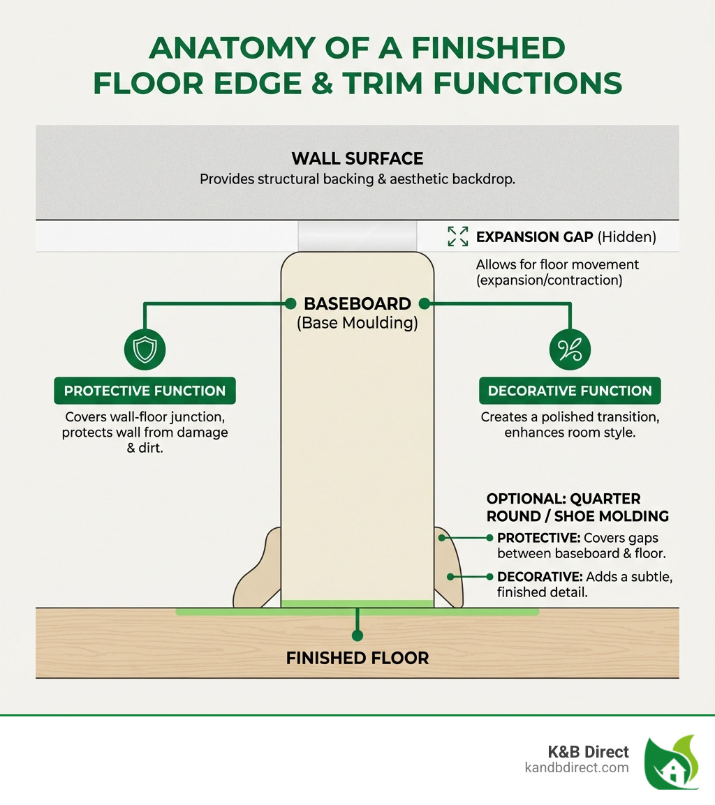 Infographic showing the anatomy of a finished floor edge: wall surface at top, expansion gap between wall and floor, baseboard covering the wall-floor junction, and optional quarter round or shoe molding at the base where the baseboard meets the floor, with labels indicating the protective and decorative functions of each component - Floorboards Trim infographic Infographic showing the anatomy of a finished floor edge: wall surface at top, expansion gap between wall and floor, baseboard covering the wall-floor junction, and optional quarter round or shoe molding at the base where the baseboard meets the floor, with labels indicating the protective and decorative functions of each component - Floorboards Trim infographic