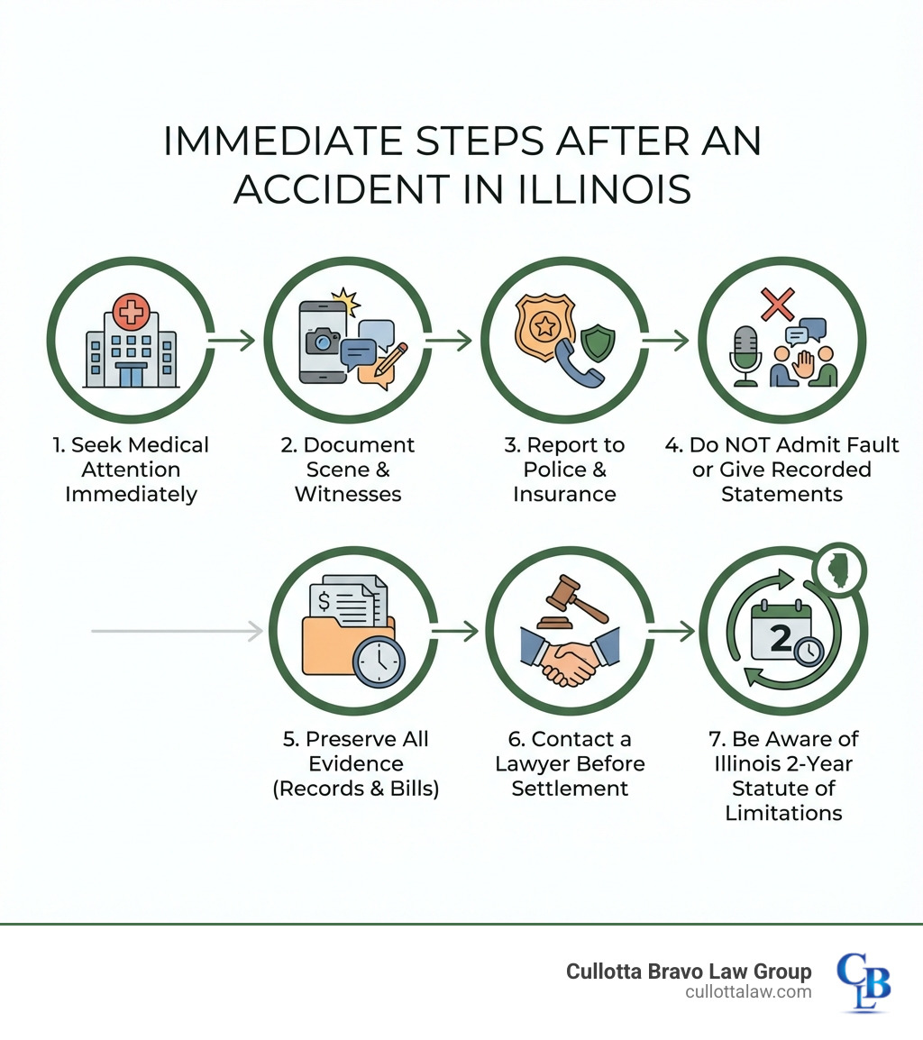 Infographic showing the immediate steps to take after an accident in Illinois: 1) Seek medical attention immediately, 2) Document the scene with photos and witness information, 3) Report the accident to police and your insurance, 4) Do not admit fault or give recorded statements to insurance adjusters, 5) Preserve all evidence including medical records and bills, 6) Contact a personal injury lawyer before accepting any settlement offers, 7) Be aware of the two-year statute of limitations in Illinois - personal injury lawyer in naperville il infographic Infographic showing the immediate steps to take after an accident in Illinois: 1) Seek medical attention immediately, 2) Document the scene with photos and witness information, 3) Report the accident to police and your insurance, 4) Do not admit fault or give recorded statements to insurance adjusters, 5) Preserve all evidence including medical records and bills, 6) Contact a personal injury lawyer before accepting any settlement offers, 7) Be aware of the two-year statute of limitations in Illinois - personal injury lawyer in naperville il infographic