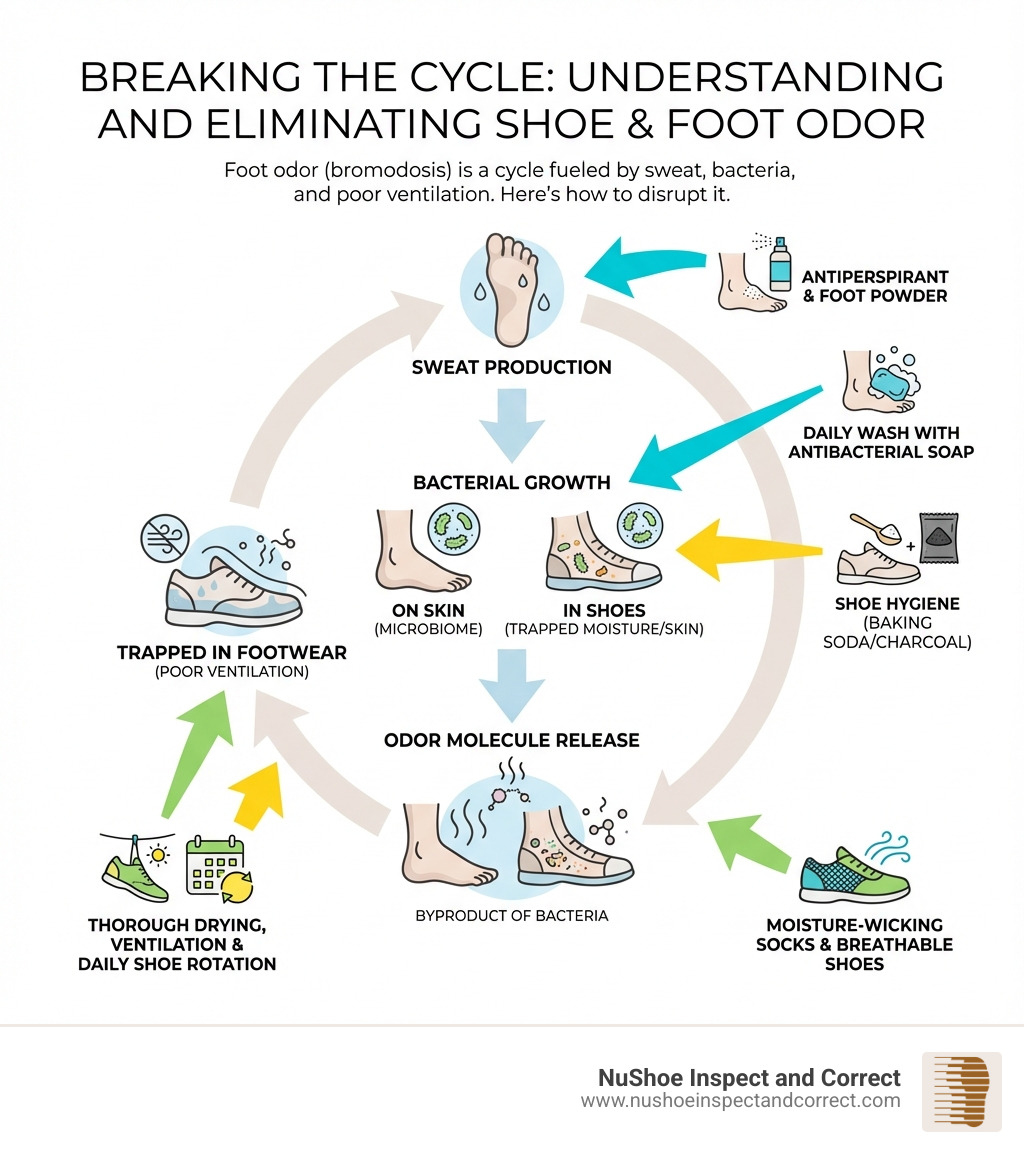 Infographic showing the cycle of foot sweat production, bacterial growth on skin and in shoes, odor molecule release, and how moisture and poor ventilation trap these smells in footwear, with arrows indicating how proper cleaning, drying, and rotation break this cycle - how to get rid of smelly shoes and feet infographic Infographic showing the cycle of foot sweat production, bacterial growth on skin and in shoes, odor molecule release, and how moisture and poor ventilation trap these smells in footwear, with arrows indicating how proper cleaning, drying, and rotation break this cycle - how to get rid of smelly shoes and feet infographic
