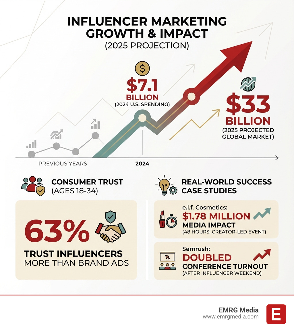 infographic showing the growth of influencer marketing from previous years to the projected $33 billion in 2025, highlighting key statistics like U.S. spending of $7.1 billion in 2024, 63% consumer trust rate for influencers among 18-34 year olds, and real-world success metrics from e.l.f. Cosmetics and Semrush case studies - Content creation events infographic 