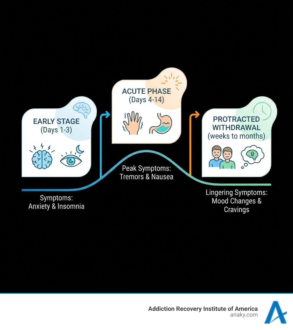 infographic showing three phases of Ativan withdrawal timeline: Early Stage (Days 1-3) with symptoms like anxiety and insomnia, Acute Phase (Days 4-14) with peak symptoms including tremors and nausea, and Protracted Withdrawal (weeks to months) with lingering mood changes and cravings - ativan withdrawal symptoms infographic infographic showing three phases of Ativan withdrawal timeline: Early Stage (Days 1-3) with symptoms like anxiety and insomnia, Acute Phase (Days 4-14) with peak symptoms including tremors and nausea, and Protracted Withdrawal (weeks to months) with lingering mood changes and cravings - ativan withdrawal symptoms infographic