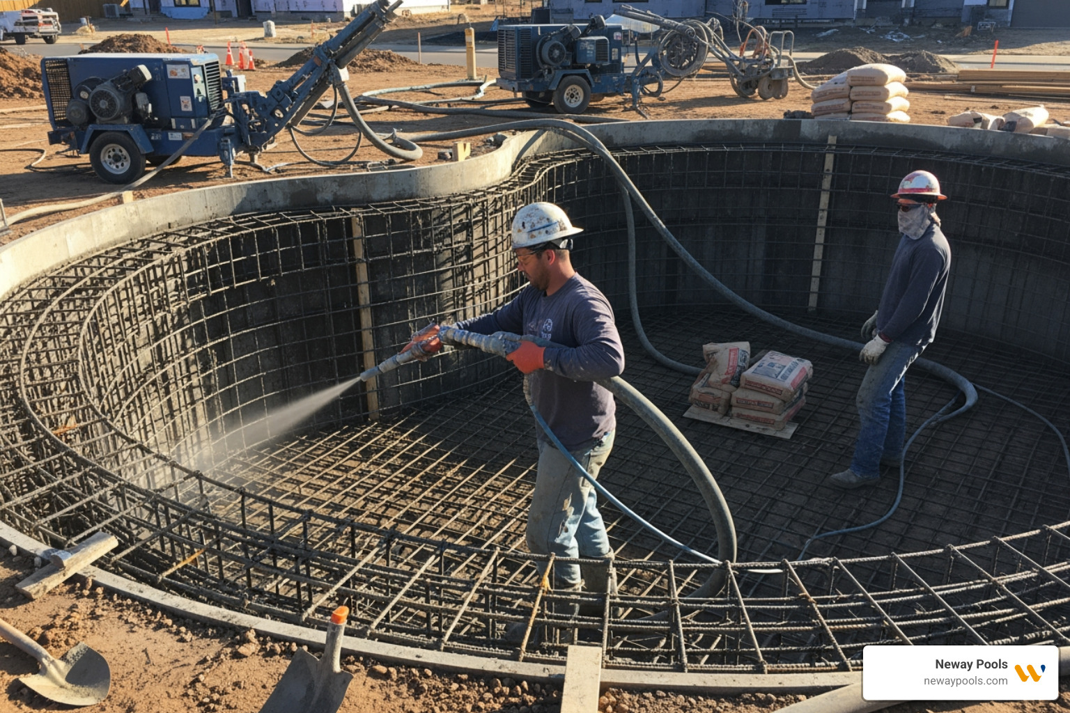 gunite application process with a crew spraying the pool shell - custom gunite pool