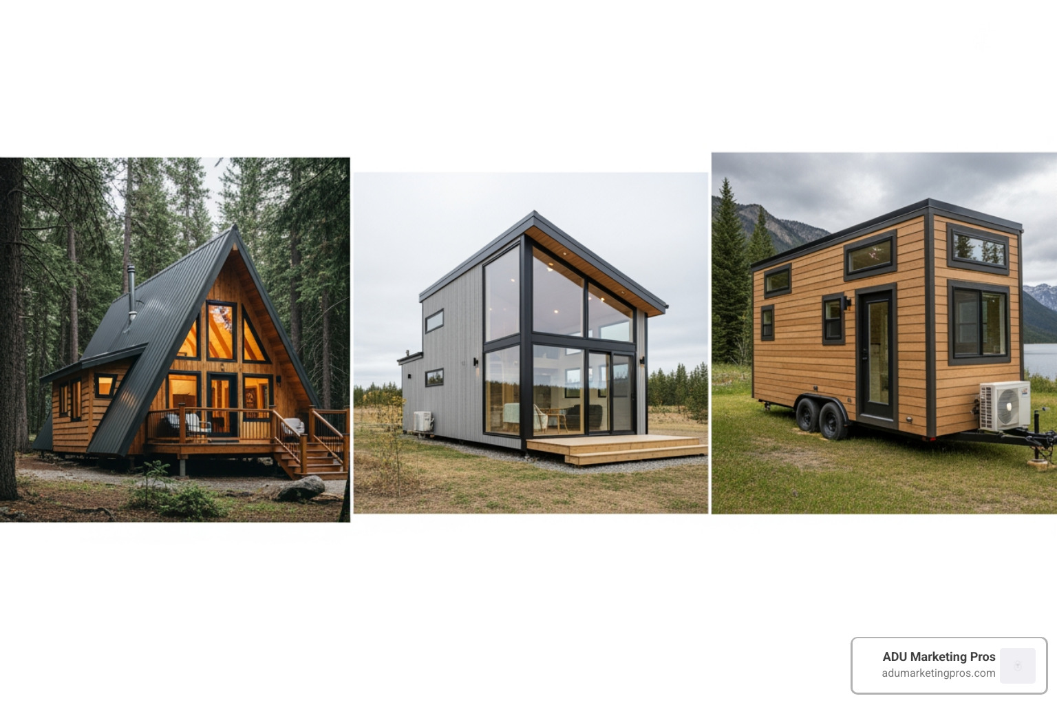 collage of different tiny home kit styles: a rustic A-frame, a sleek modern design, and a compact tiny home on wheels - Tiny home kits