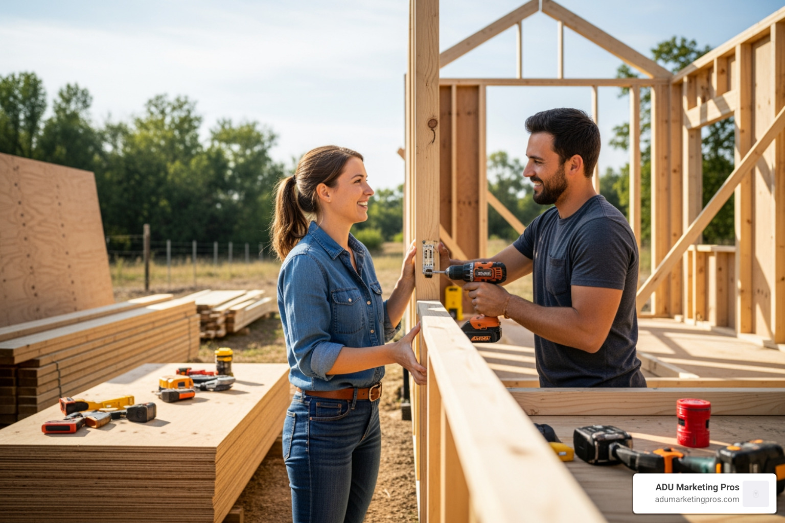 smiling couple assembling tiny home kit wall panel - Tiny home kits