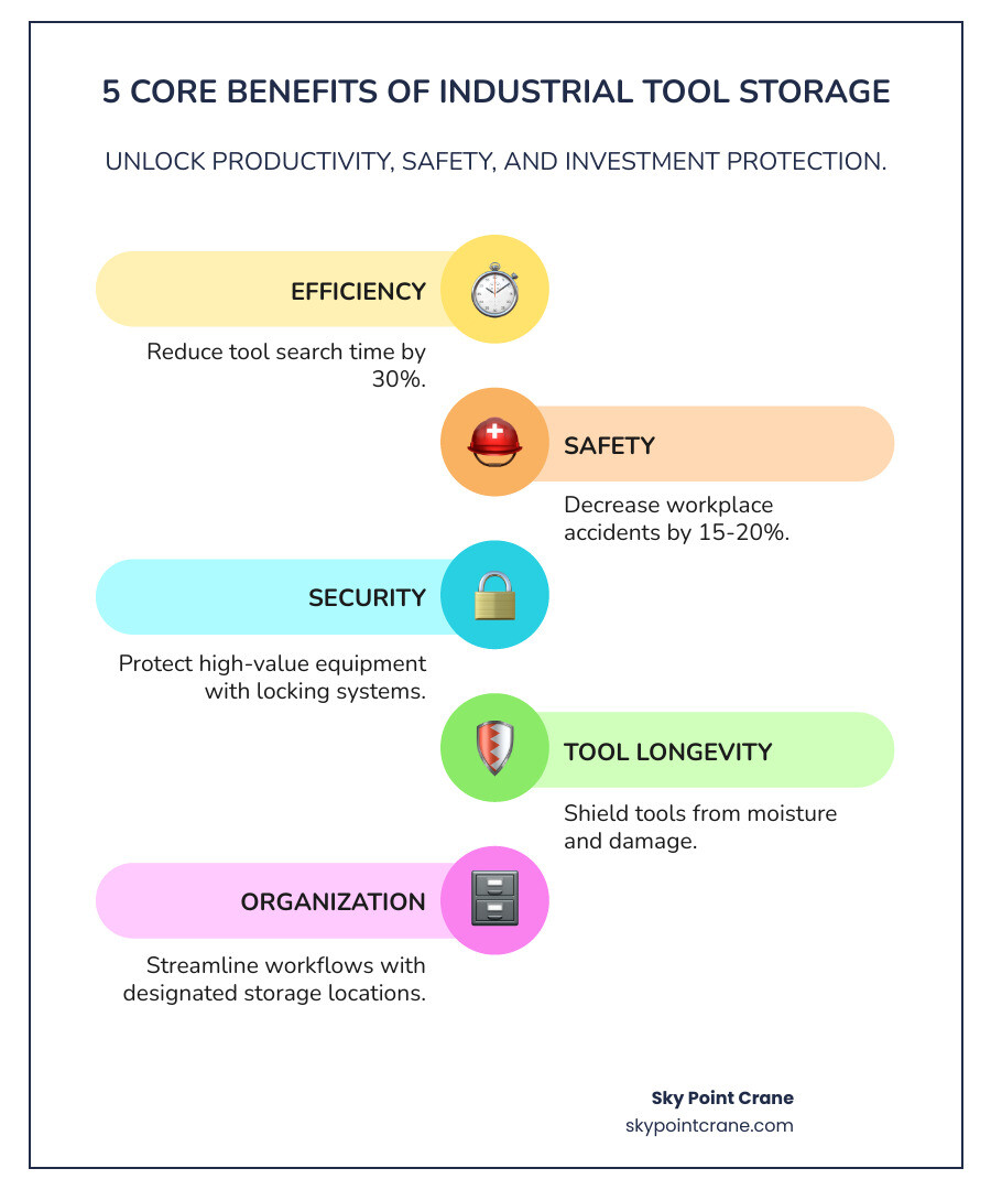 Infographic showing five core benefits of industrial tool storage: Efficiency - reduce tool search time by 30%, Safety - decrease workplace accidents by 15-20%, Security - protect high-value equipment with locking systems, Tool Longevity - shield tools from moisture and damage, and Organization - streamline workflows with designated storage locations - industrial tool storage solutions infographic infographic-line-5-steps-colors