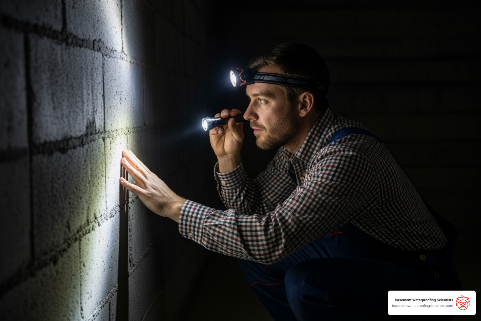 a contractor inspecting a basement foundation for water entry points - house waterproofing cost