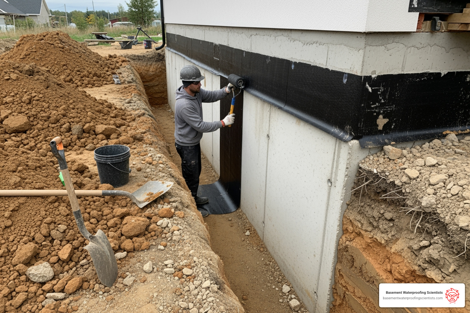 an exterior foundation wall being excavated and a waterproof membrane being applied - house waterproofing cost