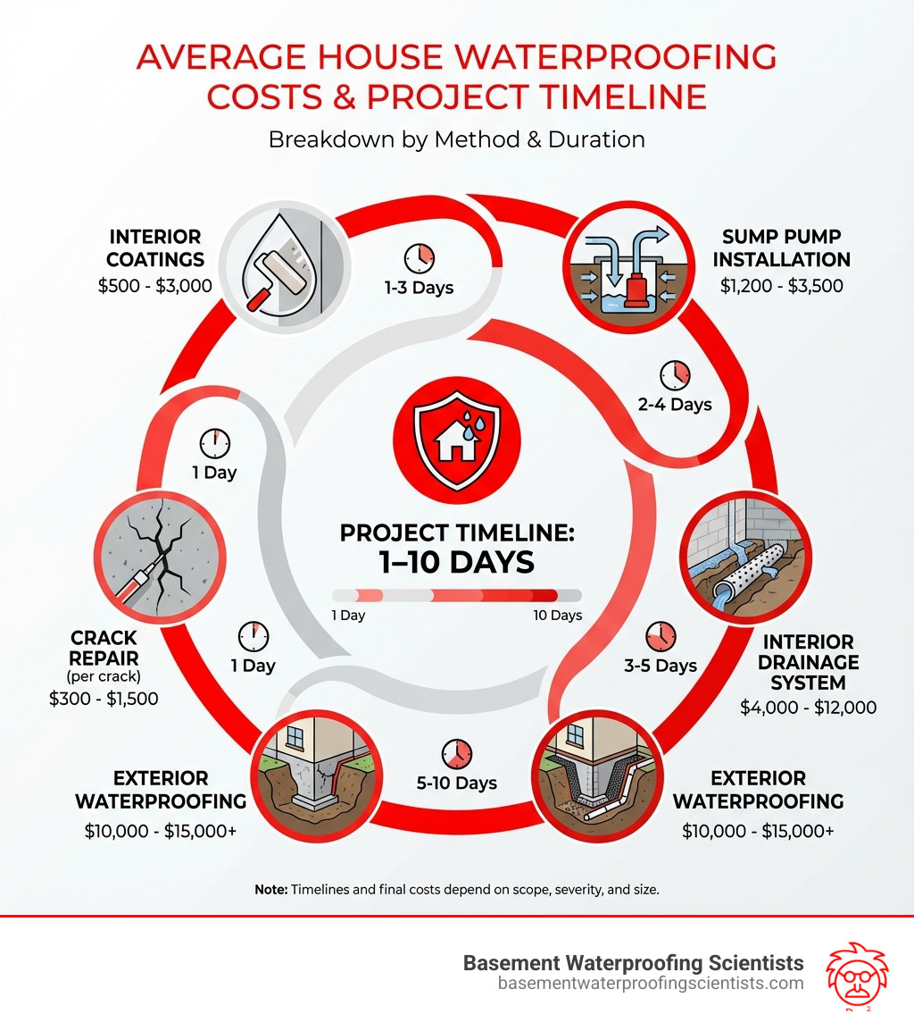 Infographic showing breakdown of average house waterproofing costs by method: Interior coatings $500-$3,000, Sump pump $1,200-$3,500, Interior drainage $4000-$12,000, Crack repair $300-$1,500, Exterior waterproofing $10,000-$15,000+, with icons representing each method and average project timeline of 1-10 days depending on scope - house waterproofing cost infographic 