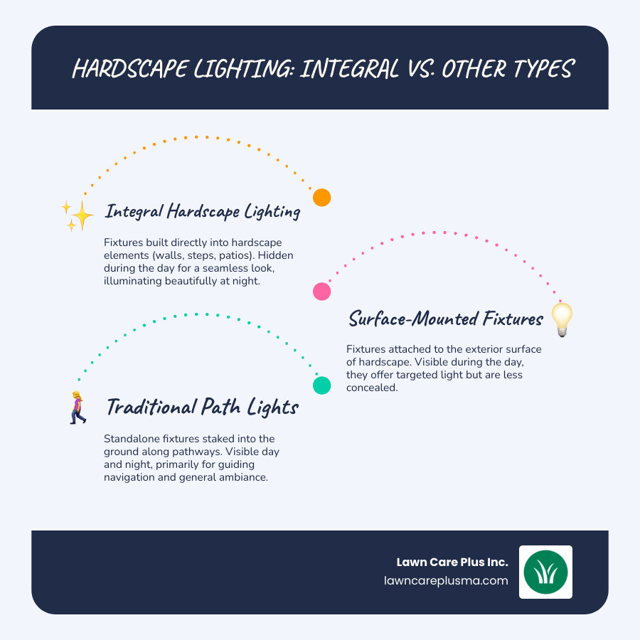 infographic showing three side-by-side comparisons: integral hardscape lighting built into a stone wall with hidden fixtures, surface-mounted fixtures attached to a wall face, and traditional landscape path lights standing beside a pathway, with labels indicating visibility, installation method, and aesthetic impact of each approach - integral hardscape lighting infographic infographic-line-3-steps-blues-accent_colors