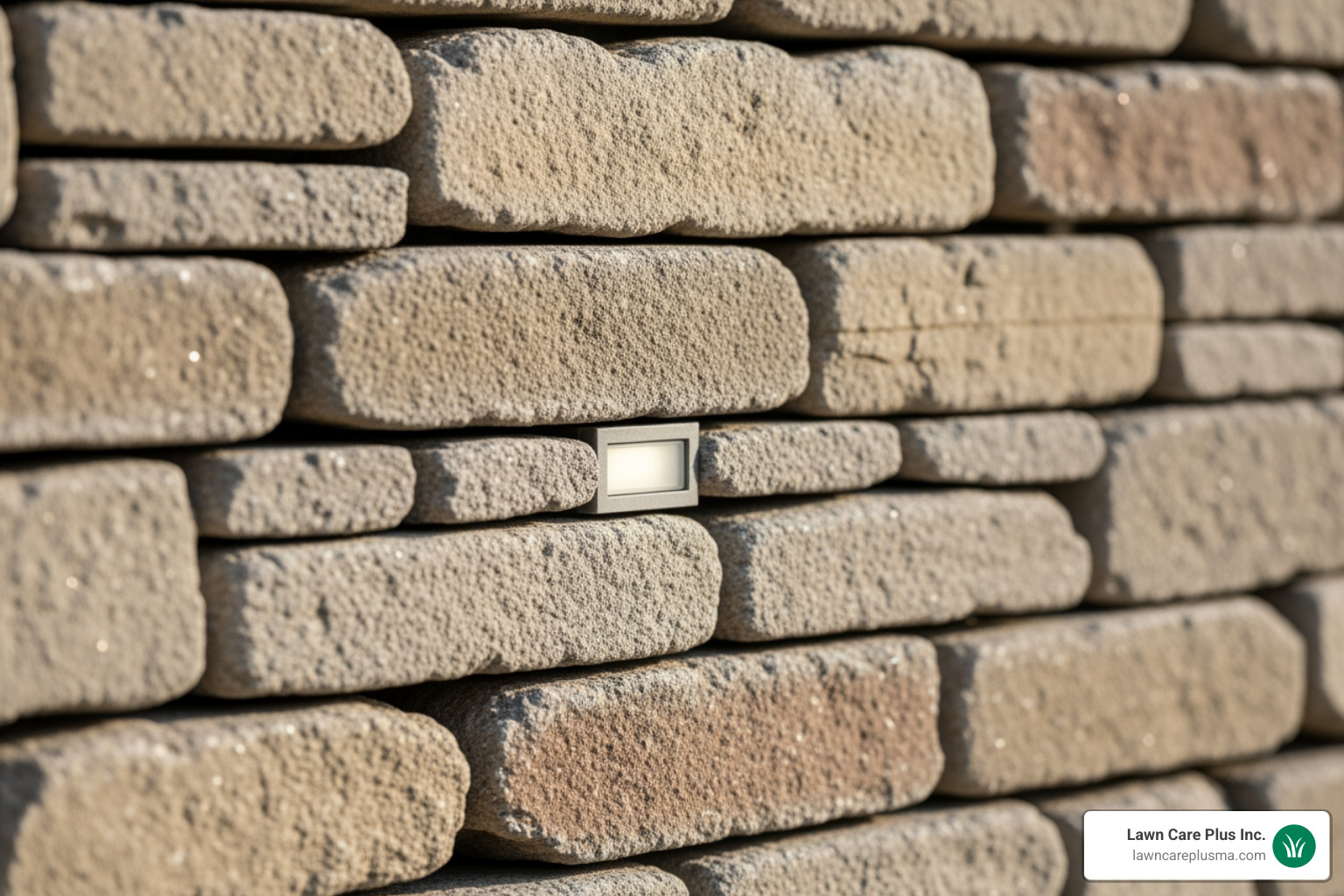 close-up showing a light fixture built directly into a stone retaining wall, almost invisible during the day. - integral hardscape lighting
