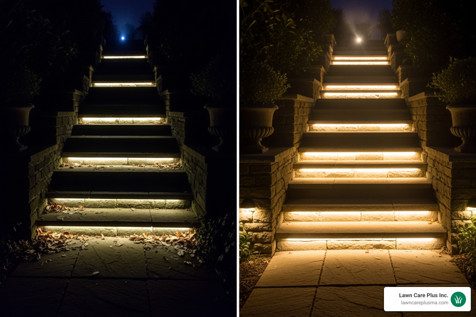 before-and-after comparison of a dark, uninviting staircase and the same staircase illuminated for safety and beauty. - integral hardscape lighting