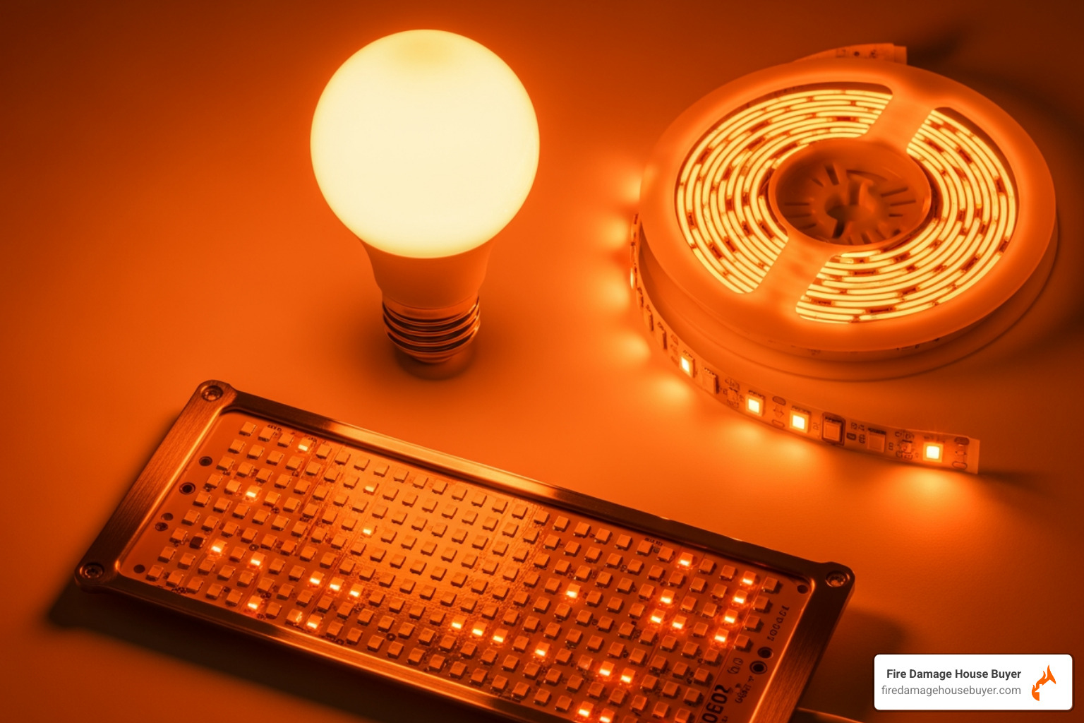 LED bulb, roll of LED strip lights, LED grow light panel - can led lights cause a fire LED bulb, roll of LED strip lights, LED grow light panel - can led lights cause a fire