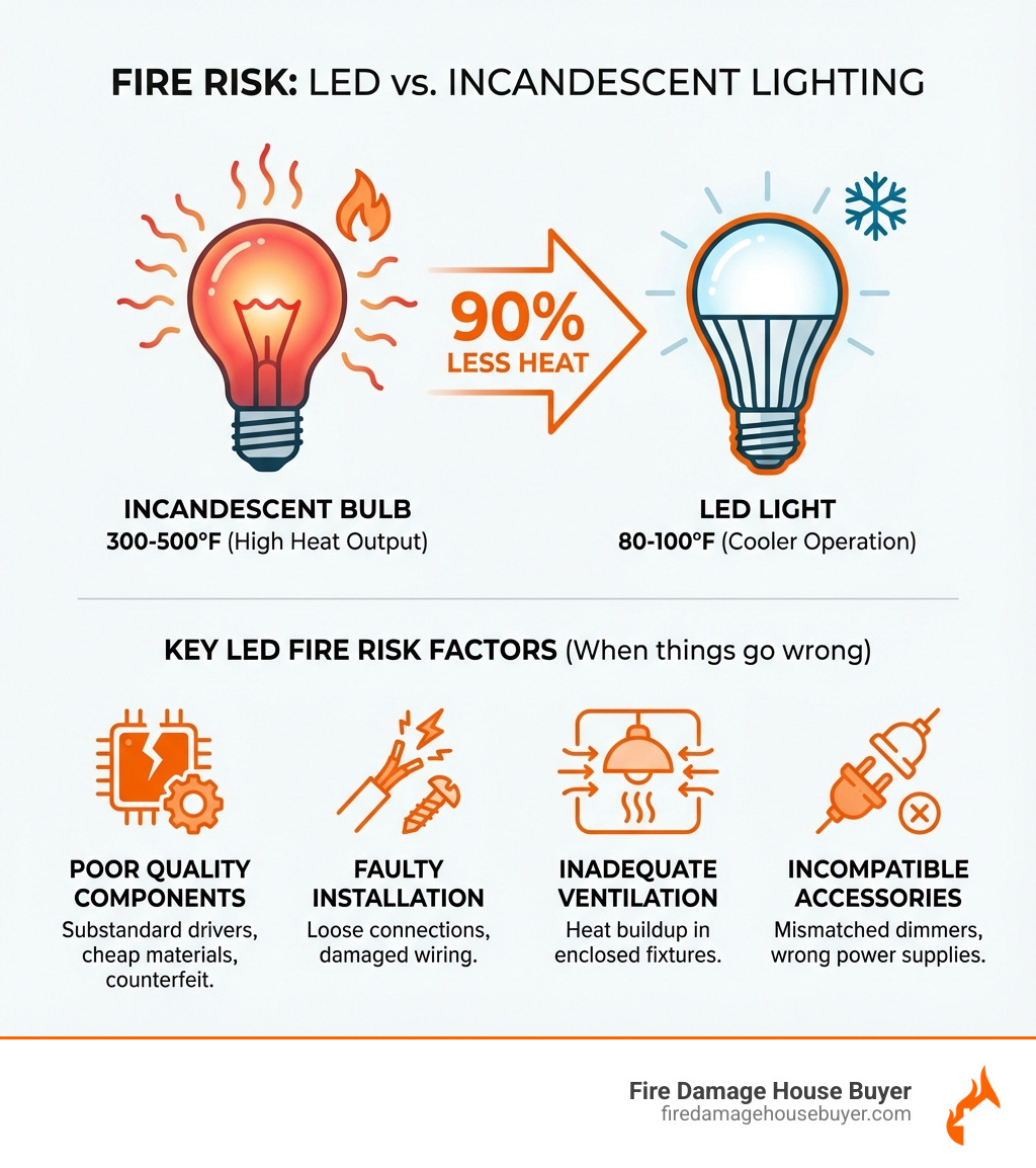 infographic showing LED lights produce 90% less heat than incandescent bulbs - can led lights cause a fire infographic showing LED lights produce 90% less heat than incandescent bulbs - can led lights cause a fire