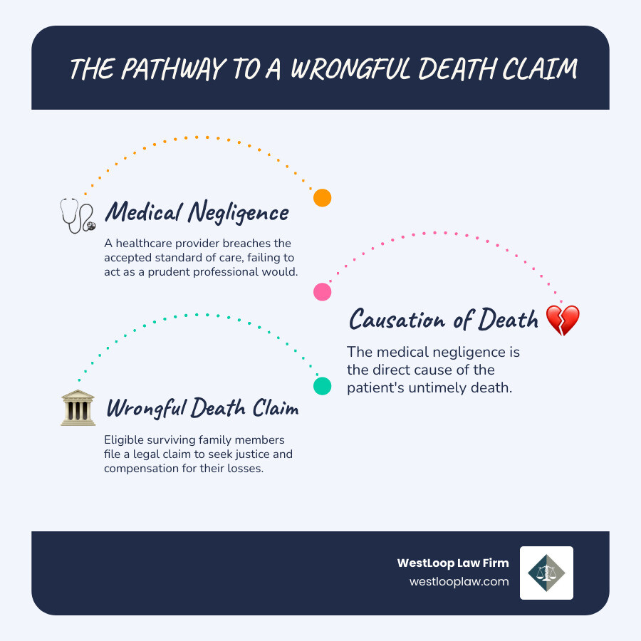 infographic showing the pathway from medical malpractice (doctor breaching standard of care) leading to patient death, which creates grounds for a wrongful death claim filed by surviving family members, with arrows showing the relationship between duty of care, breach, causation, and damages - medical malpractice wrongful death attorney infographic infographic-line-3-steps-blues-accent_colors infographic showing the pathway from medical malpractice (doctor breaching standard of care) leading to patient death, which creates grounds for a wrongful death claim filed by surviving family members, with arrows showing the relationship between duty of care, breach, causation, and damages - medical malpractice wrongful death attorney infographic infographic-line-3-steps-blues-accent_colors